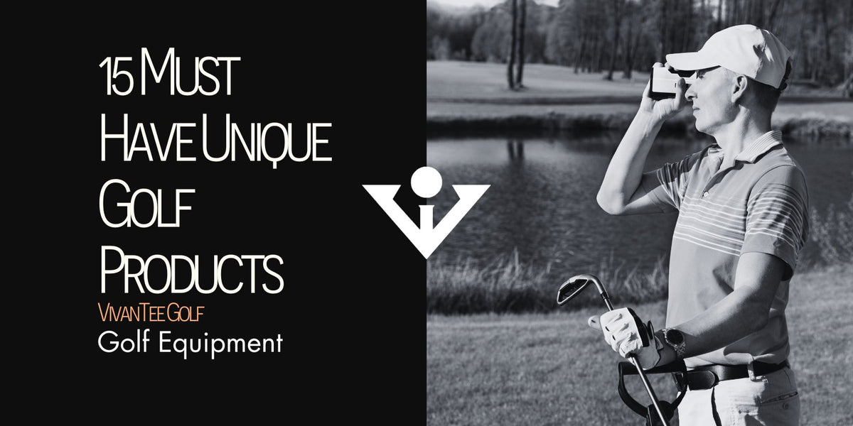 A golfer holding his range finder and looking through to gauge distance in black and white in VivanTee's signature blog banner with title next to man