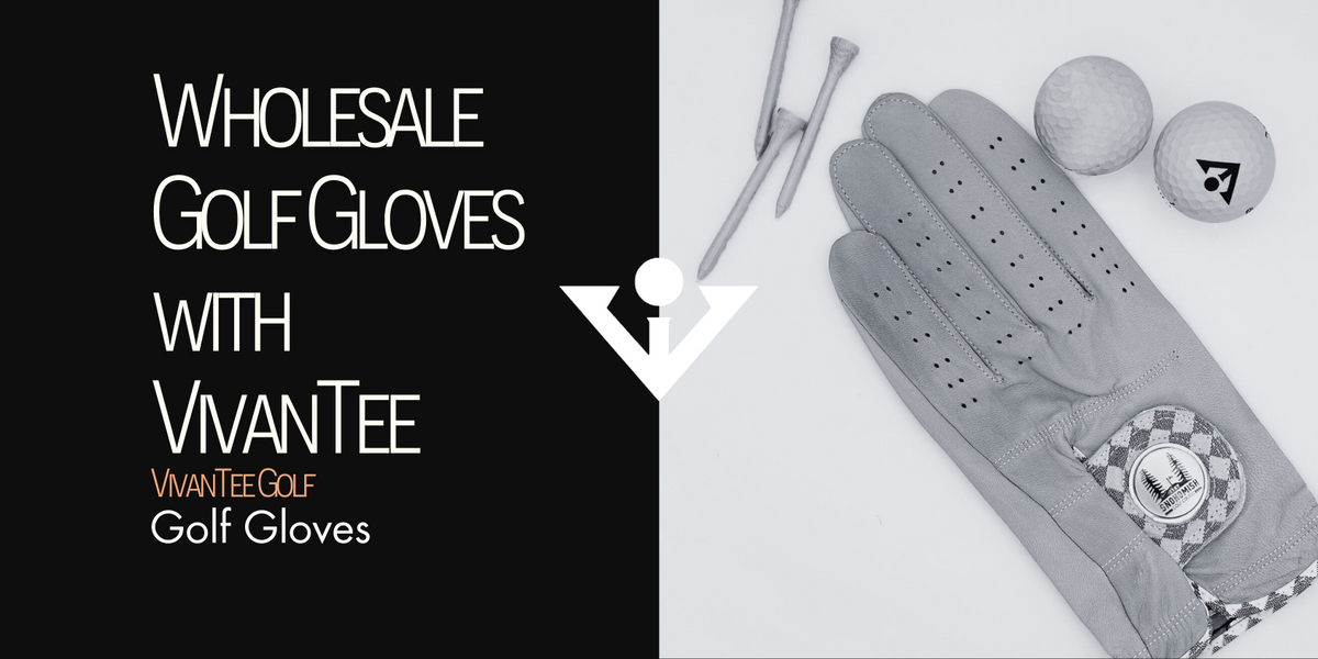Image of a wholesale golf glove next to tees and a ball with magnetic ball marker in a golf shops custom logo, in our signature article banner titled