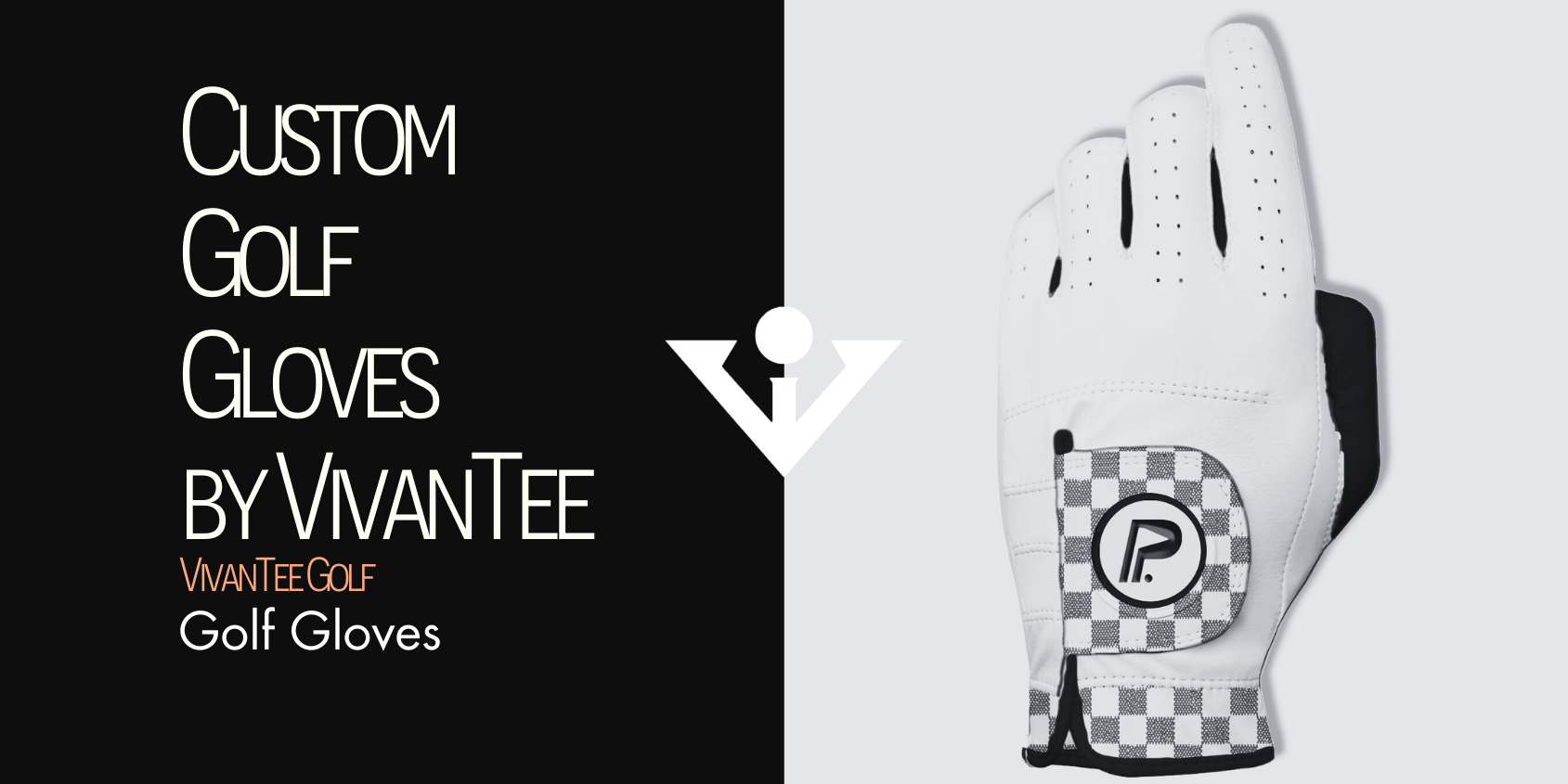 image shows a customized golf glove with logo in black and white in our signature blog banner with the title "Custom golf gloves by VivanTee"
