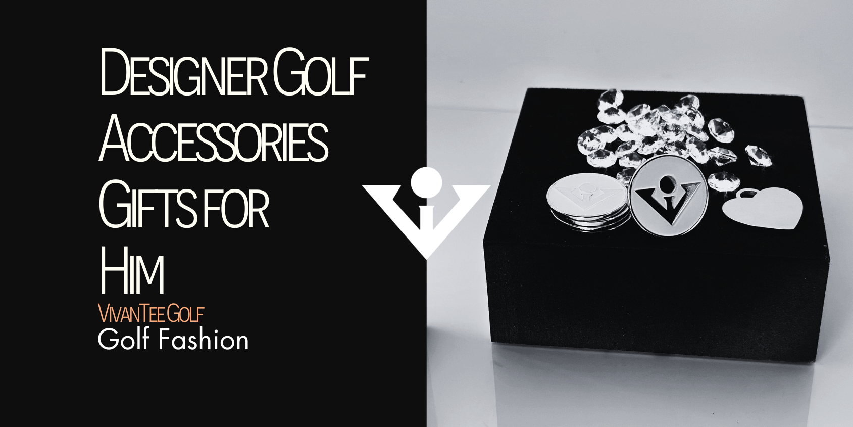 Image in black and white of a designer golf accessory next to diamonds and a charmin our signature blog banner format.