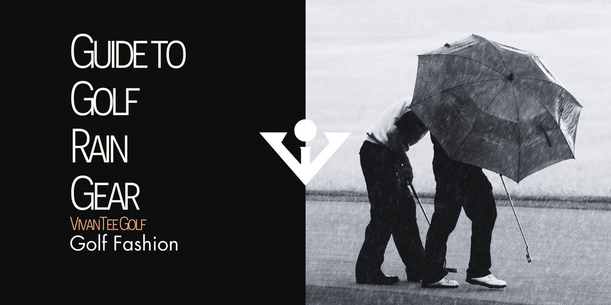 In the rain Golfer and his caddie under their umbrella as he puts in our signature VivanTee Golf Banner with the title