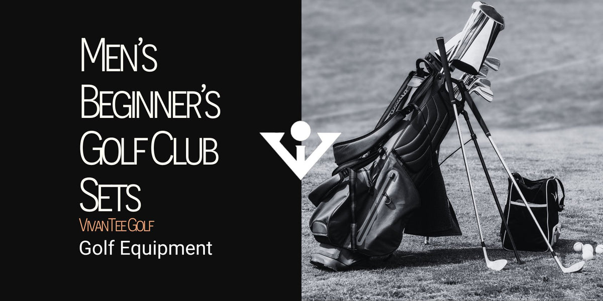 Image of golf bag, golf clubs and balls in black and white in our signature banner for articles for Men's Beginner's Golf Club Set