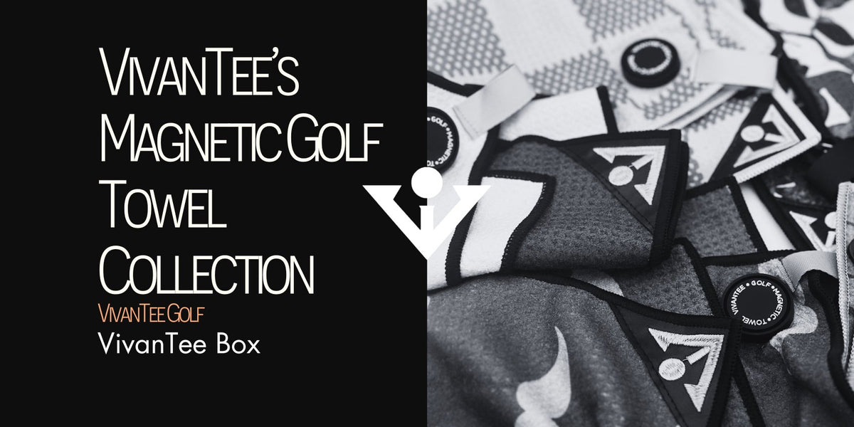 Close up image of various VivanTee cool golf towels showing stitched logos, various prints in black and white in our signature blog banner titled