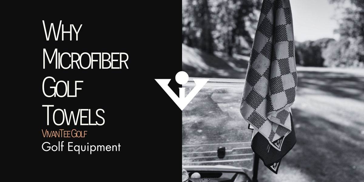 Picture of two magnetic microfiber golf towels hanging on a golf cart in our signature blog banner with the title