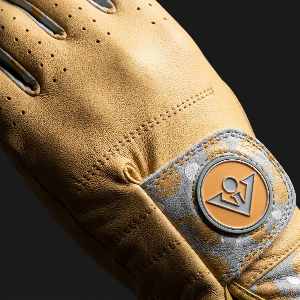 Close up of VivanTee Golf's premium cabretta leather golf glove in gold and grey.