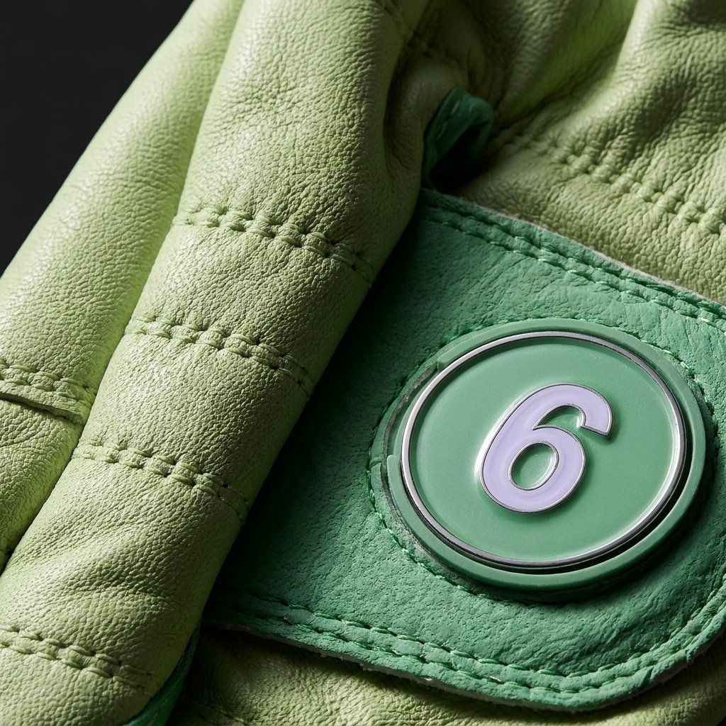 Up close shot of a unique golf glove in mint green showing the tab and magnetic ball marker.
