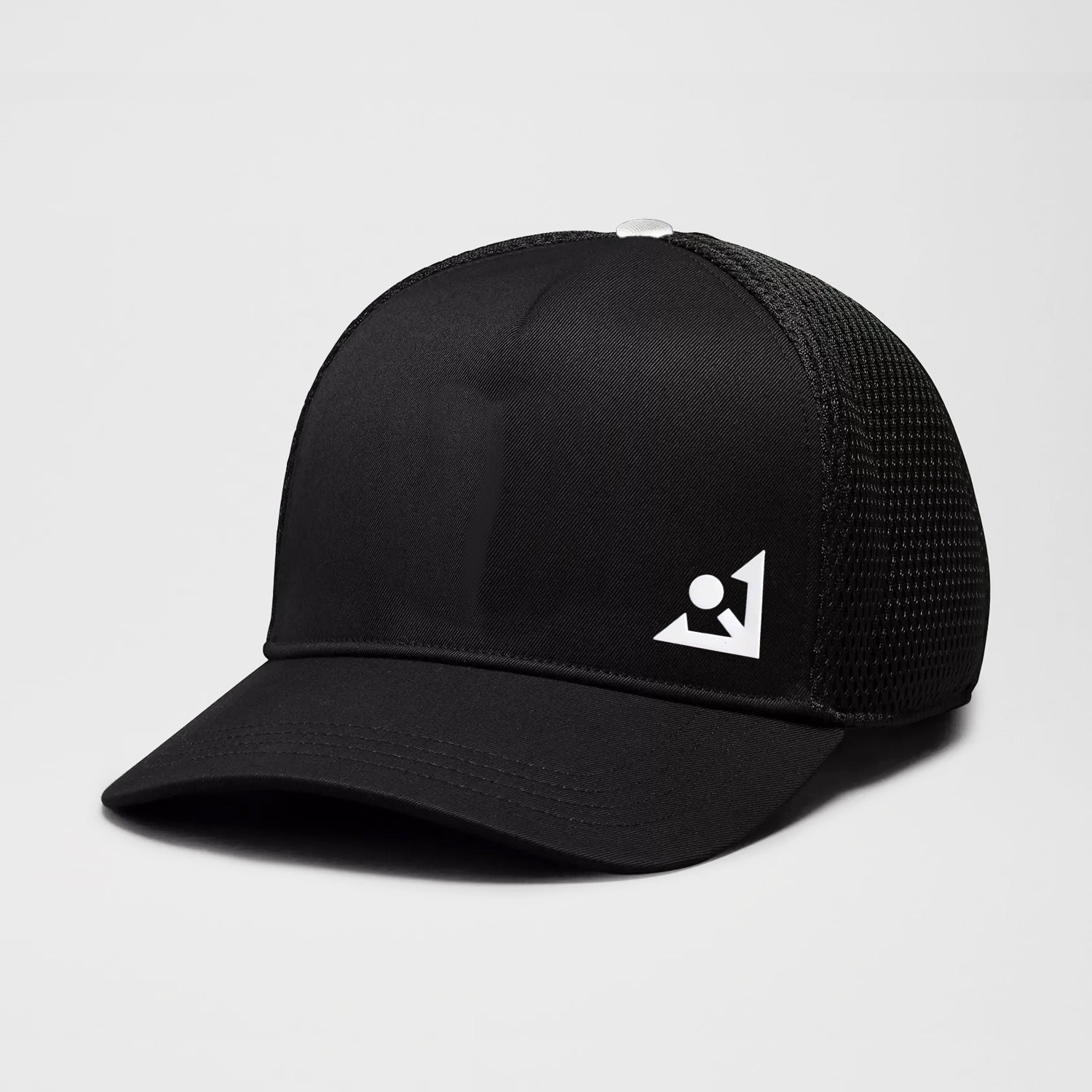 Premium golf trucker hat in black with slanted VivanTee logo.