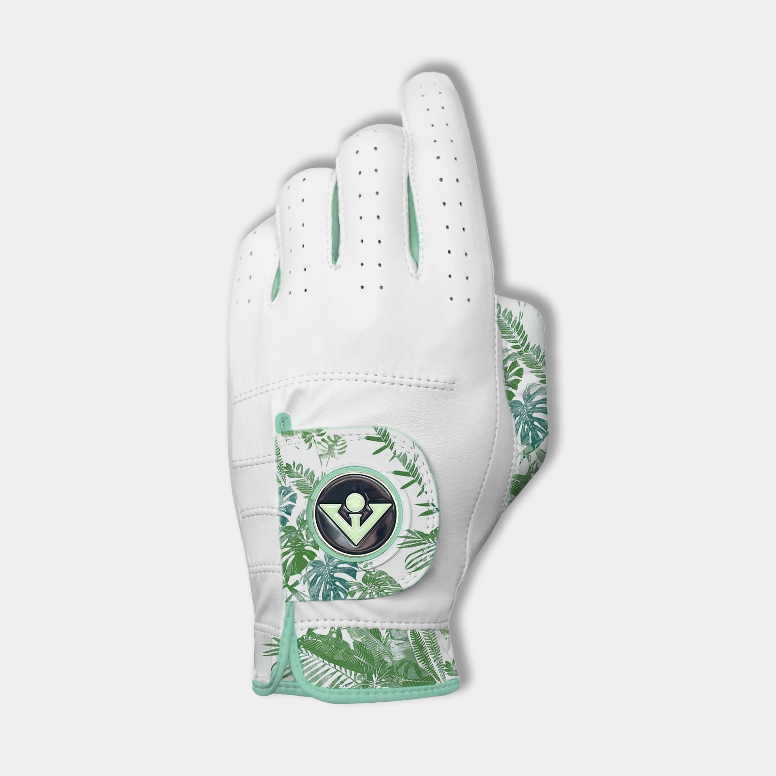 Women's Golf glove with palm pattern and blue magnetic ball marker.