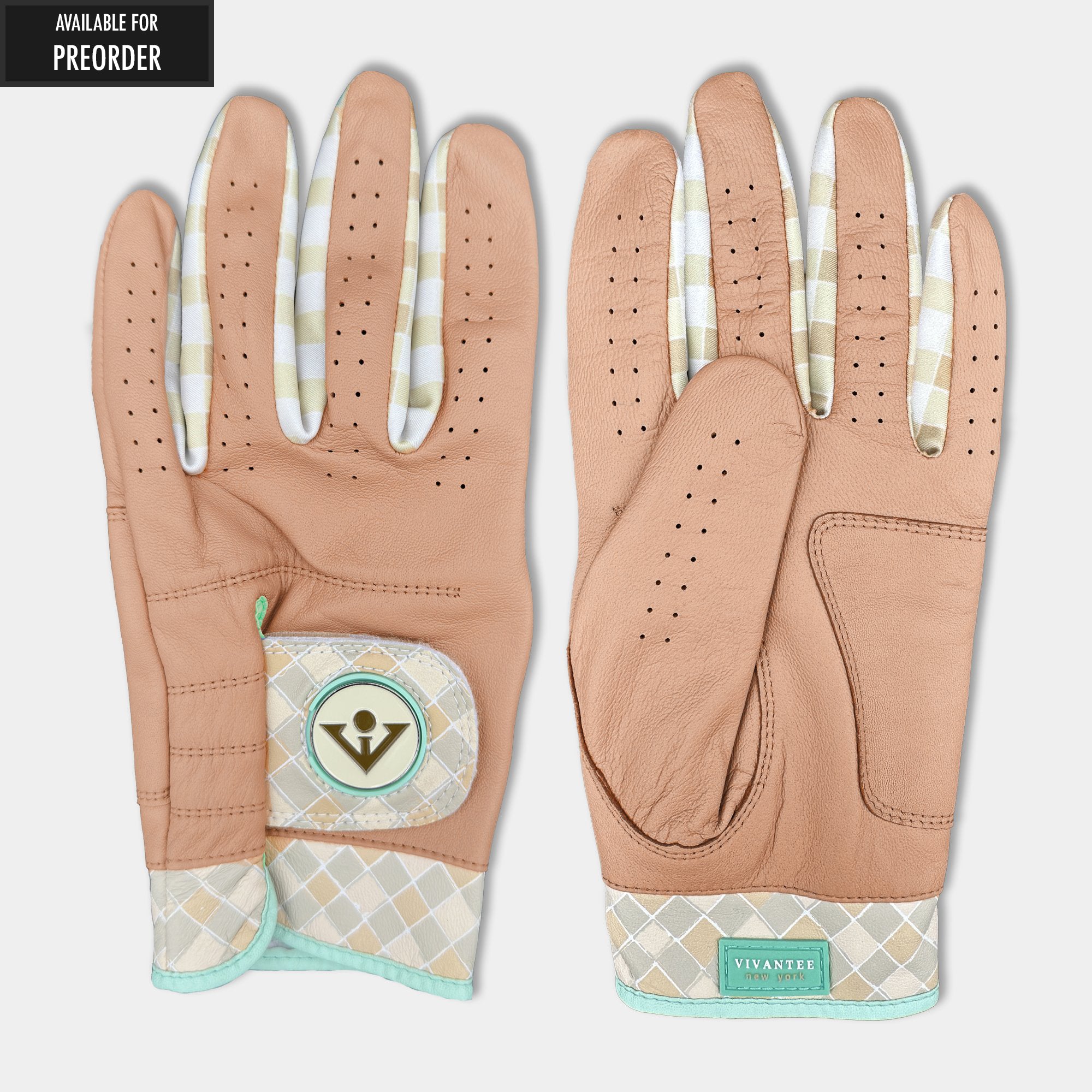 VivanTee Brooklyn Brick golf glove in a brown and checkered print with magnetic ball marker in a light gray background.