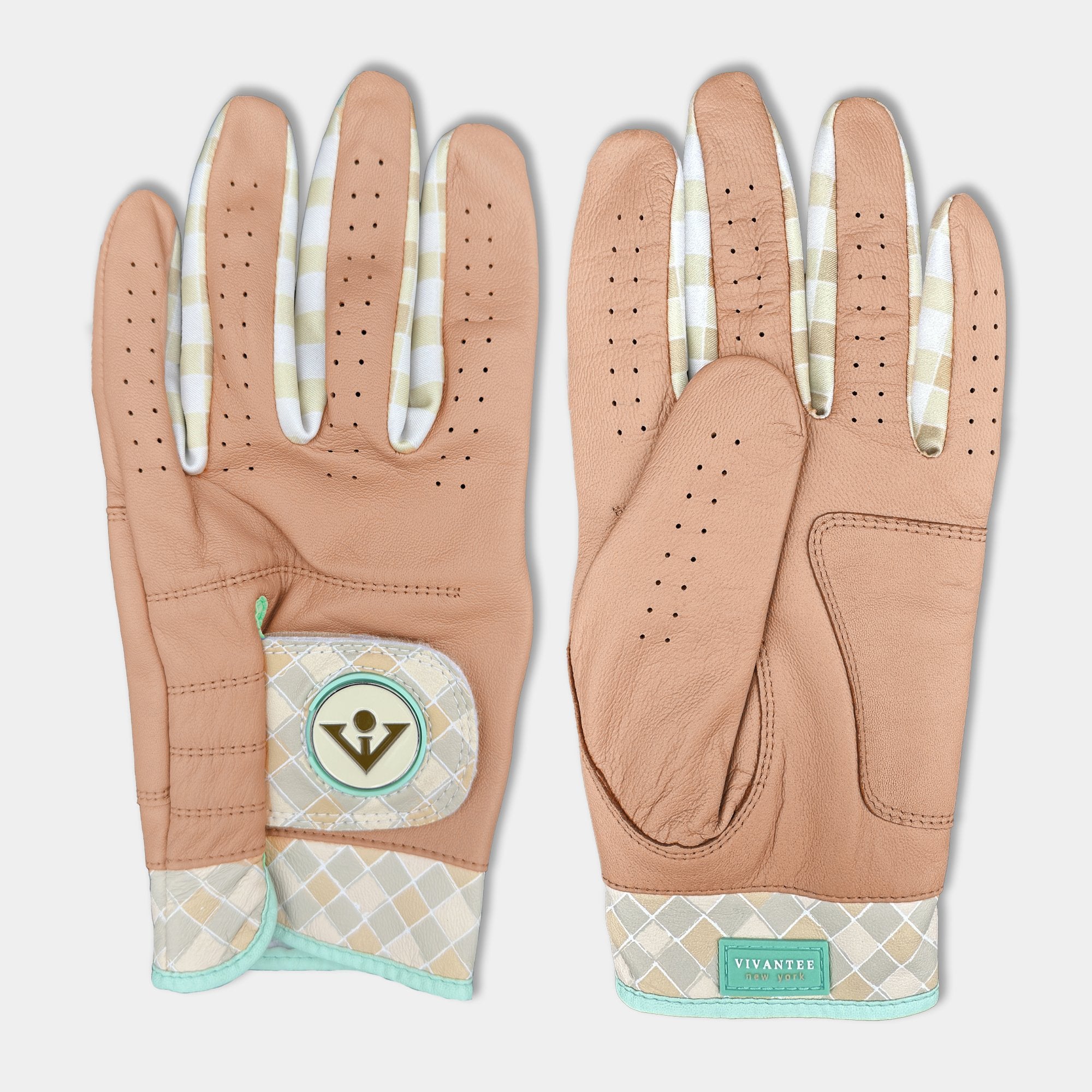 VivanTee Brooklyn Brick golf glove in a brown and checkered print with magnetic ball marker in a light gray background.