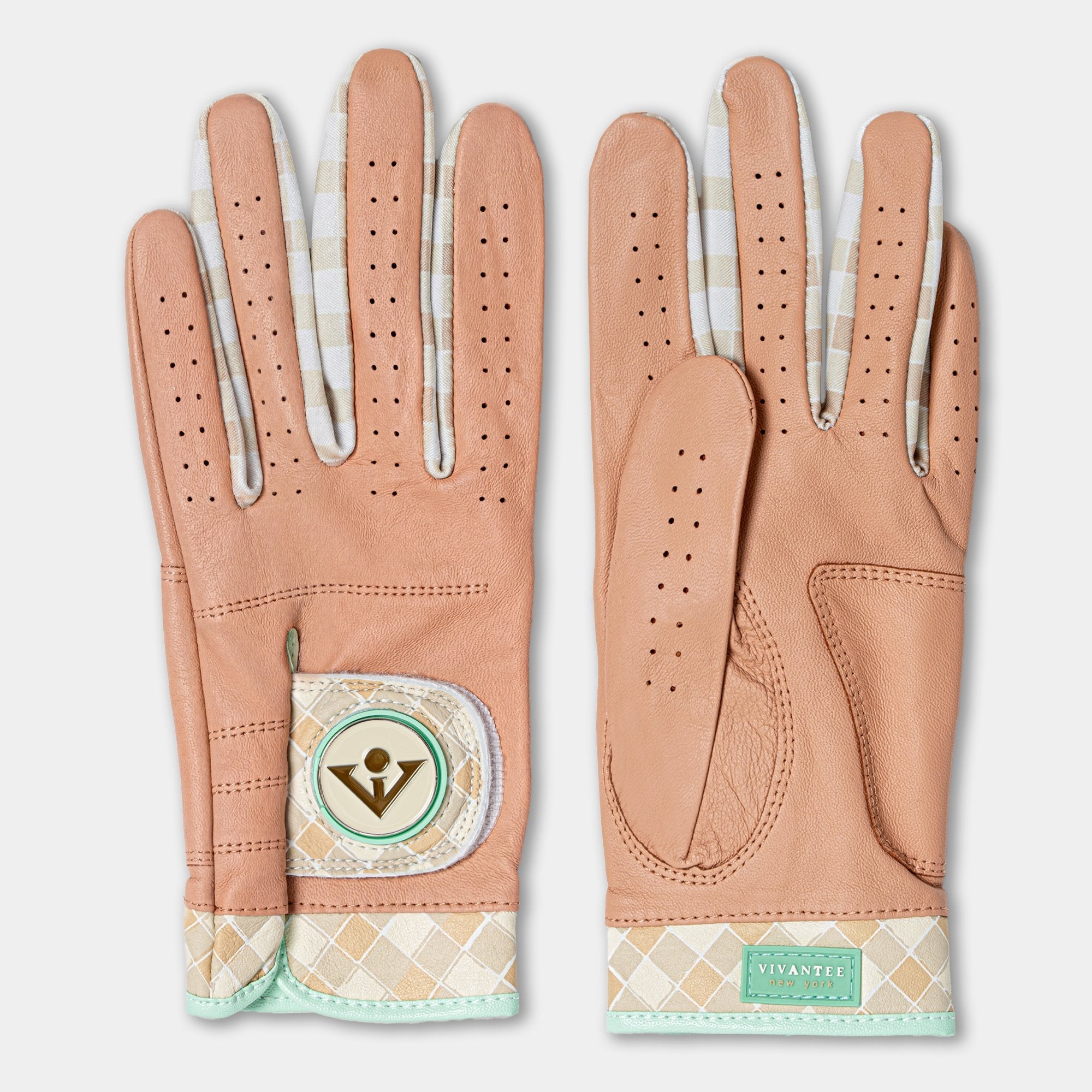 VivanTee Brooklyn Brick golf glove in a brown and checkered print with magnetic ball marker in a light gray background.