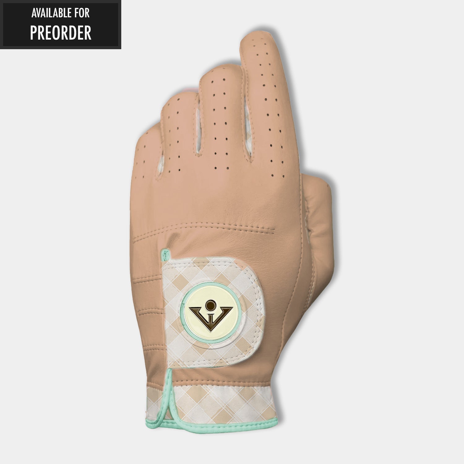 Tan golf glove with checkered pattern an  a VivanTee logo ball marker on a light gray background, "Available for Preorder" Tag in top left of image.