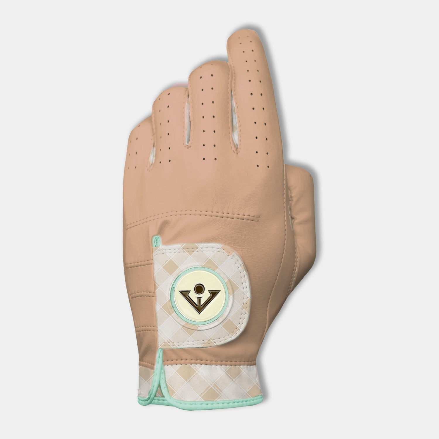 Tan golf glove with checkered pattern an a VivanTee logo ball marker on a light gray background.