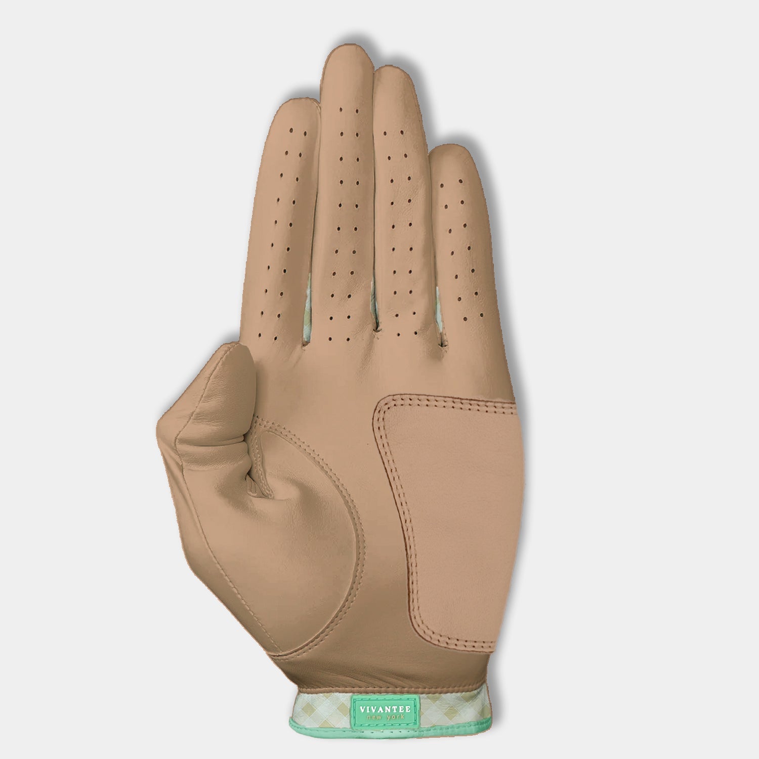 Tan Golf glove with a visible VivanTee label on a light gray background