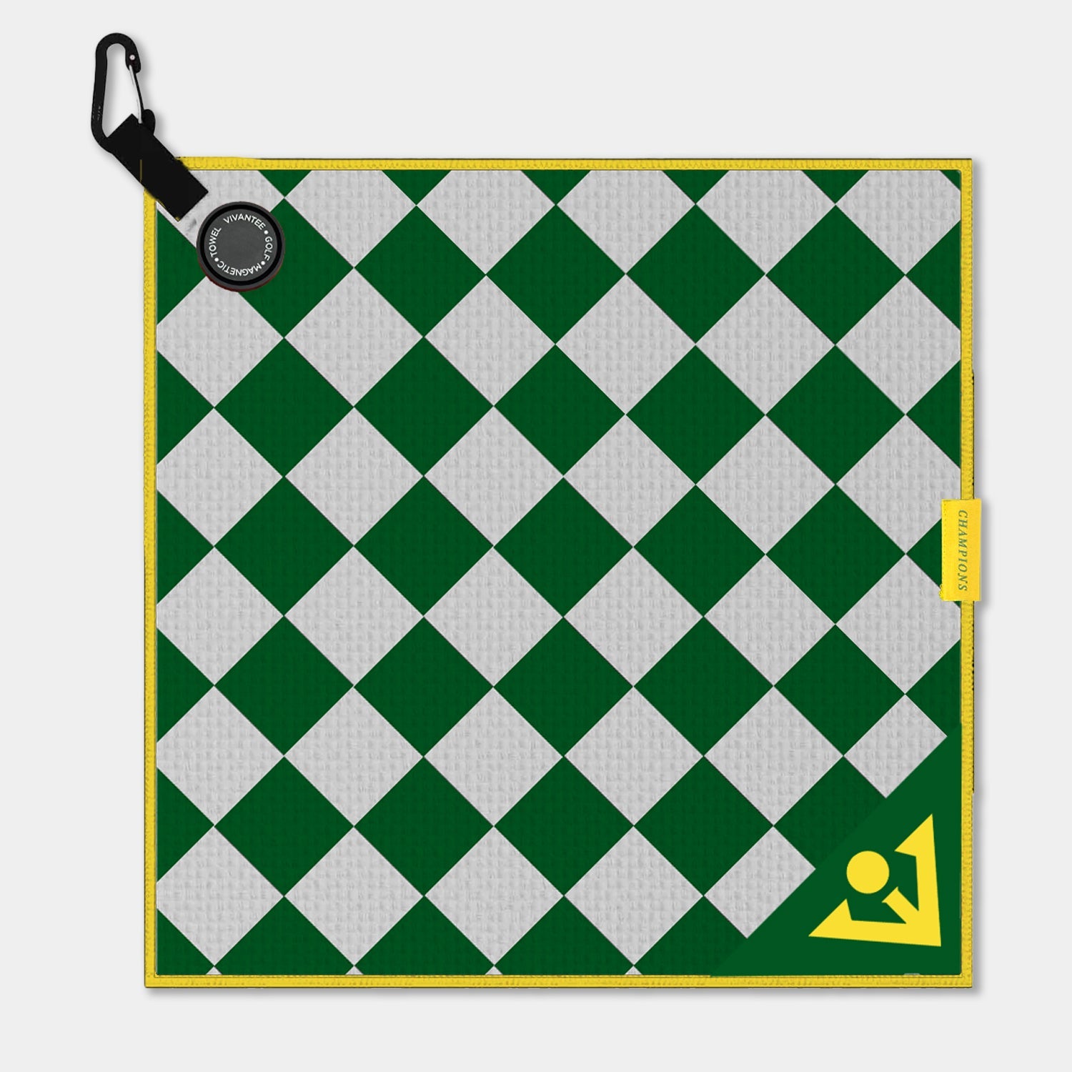 Green and white checkered golf towel with a magnetic silicone logo and on a light gray background.