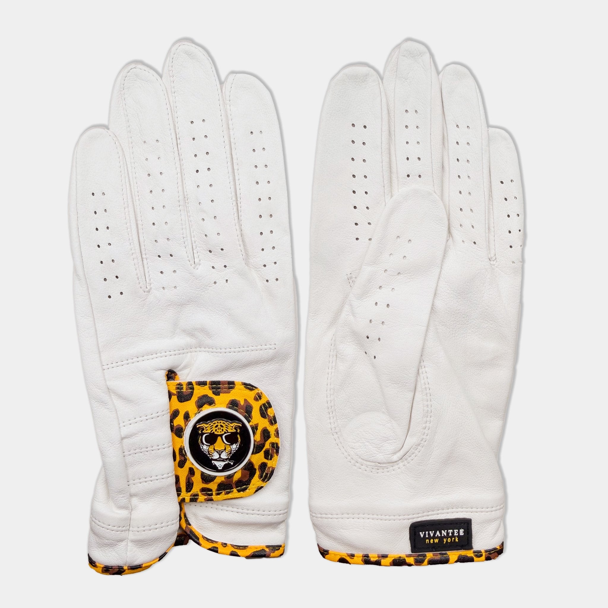 White golf glove with leopard print accents on a white background