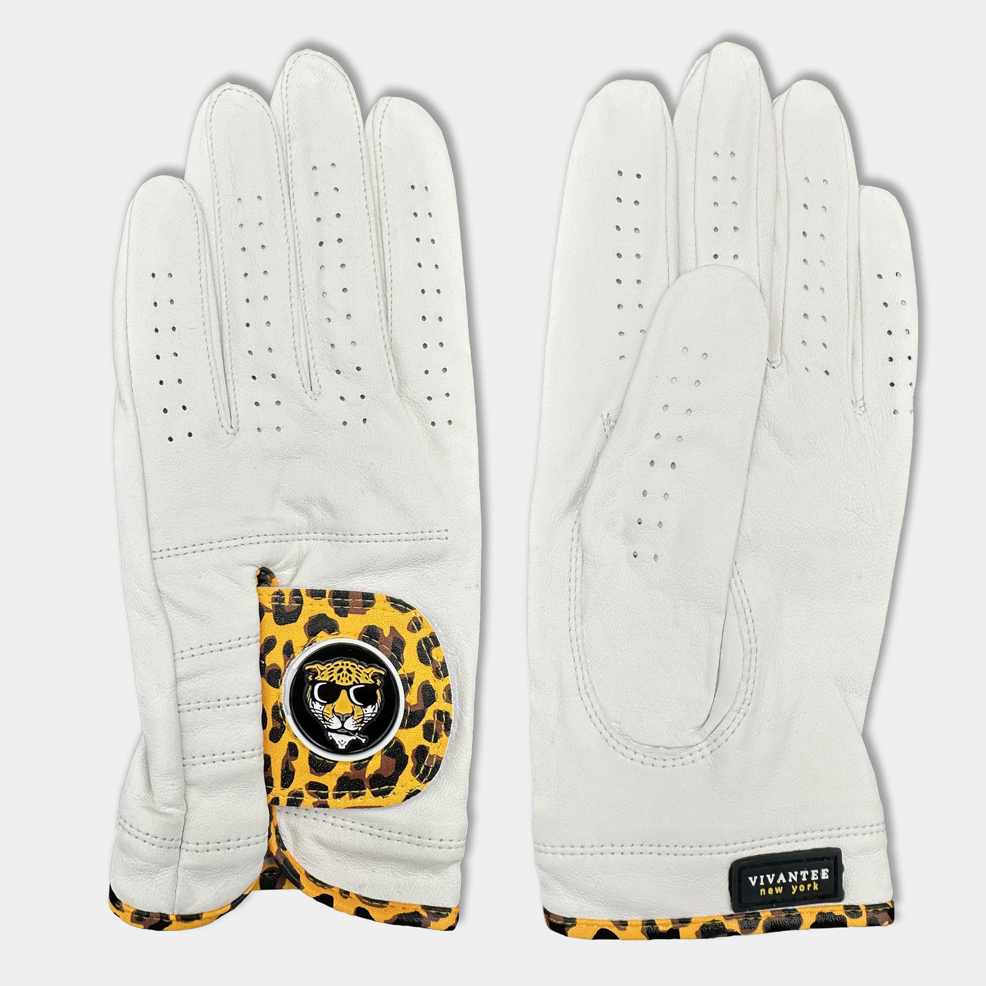men's Cheetah print golf glove by VivanTee laid out showing front and back of the design with our "cool cat" magnetic ball marker.