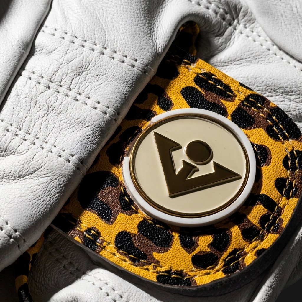 Yellow cheetah print golf glove with magnetic ball marker close up, showing the premium leather and stitching.