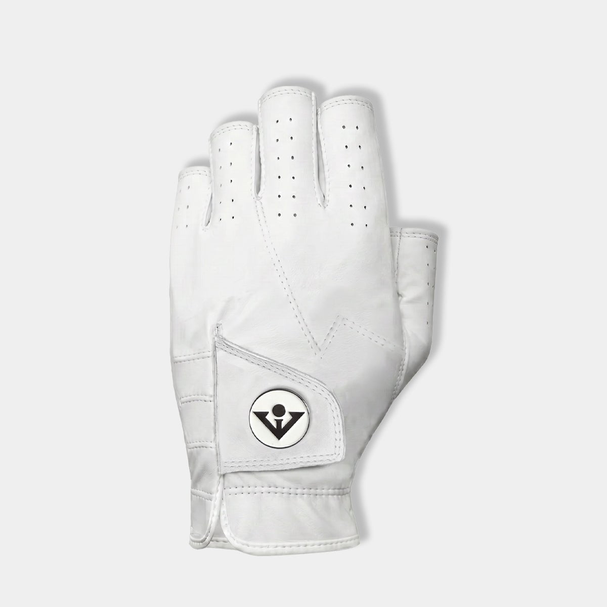 A single white leather golf glove shown from the back, featuring perforated finger sections and a circular black and white logo patch on the back of the hand, set against a light gray background.