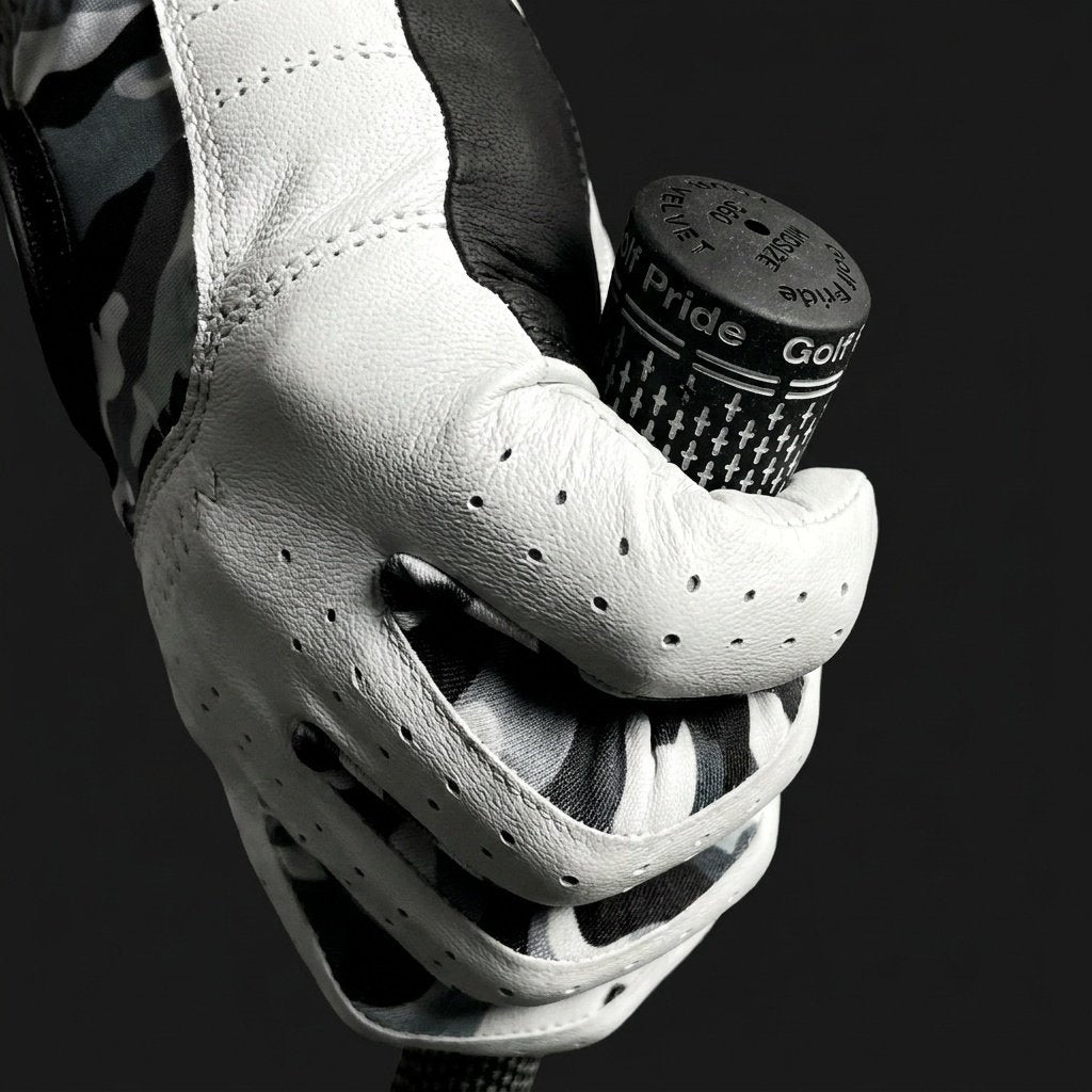 Camo golf glove with lycra inserts holding a golf club on a black background.