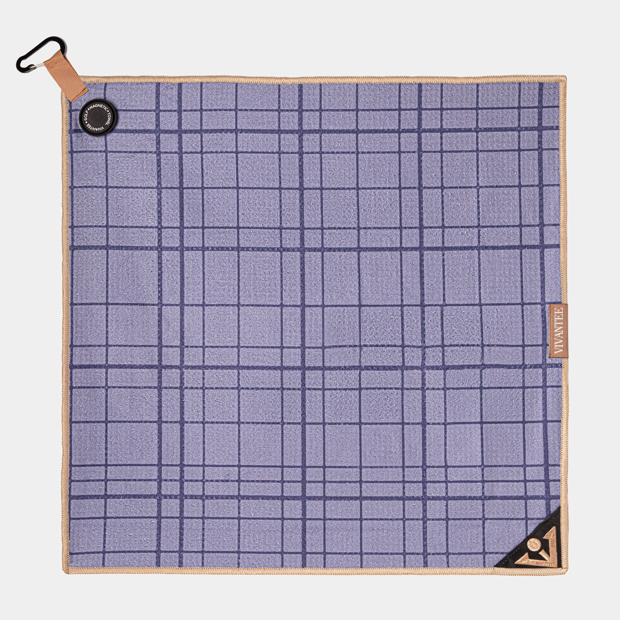 Blue checkered magnetic golf towel with brown border and VivanTee golf logo on white background.