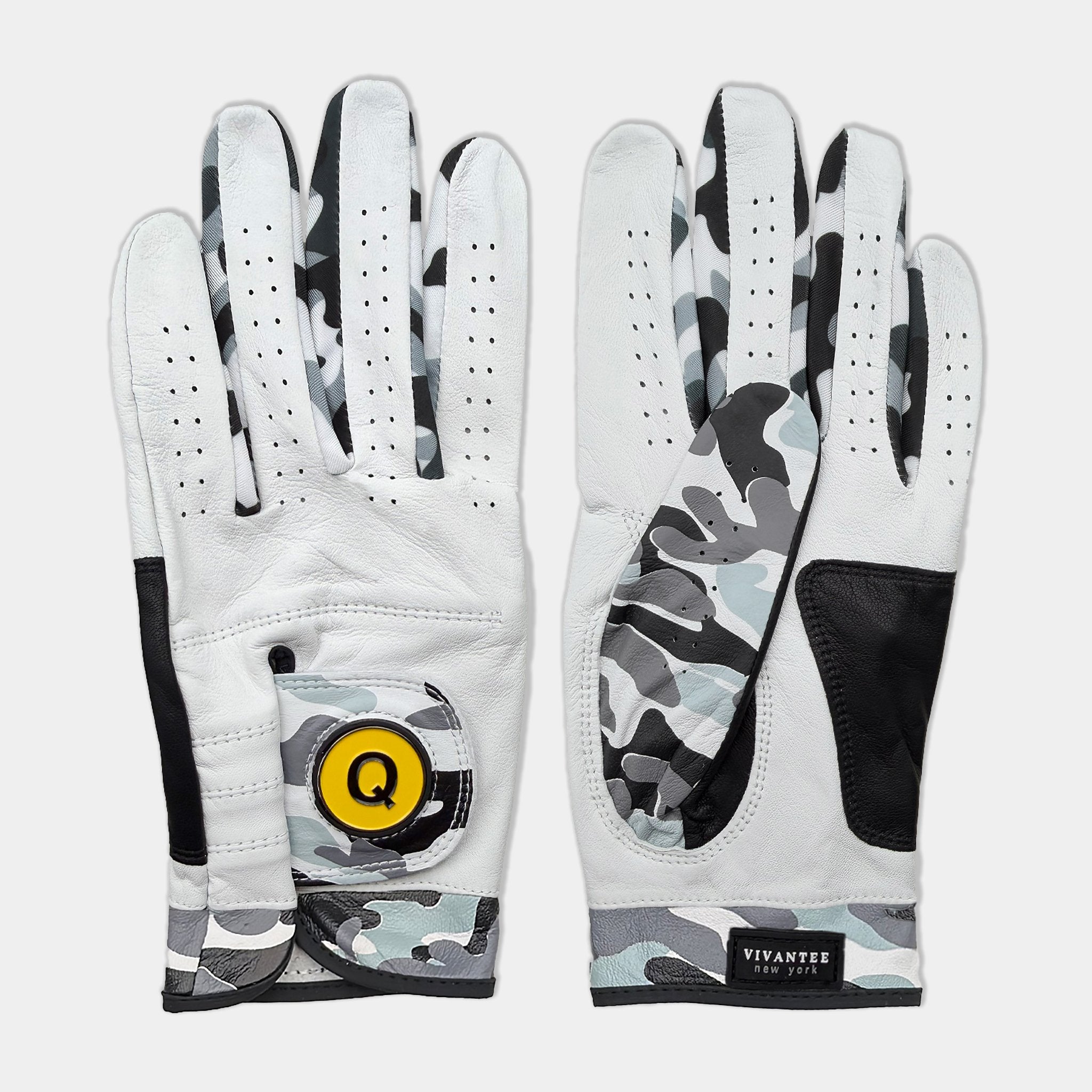 Pair of men's ghost camo golf glove with a red magnetic ball marker laid down showing the camo design on front and back of the golf glove.