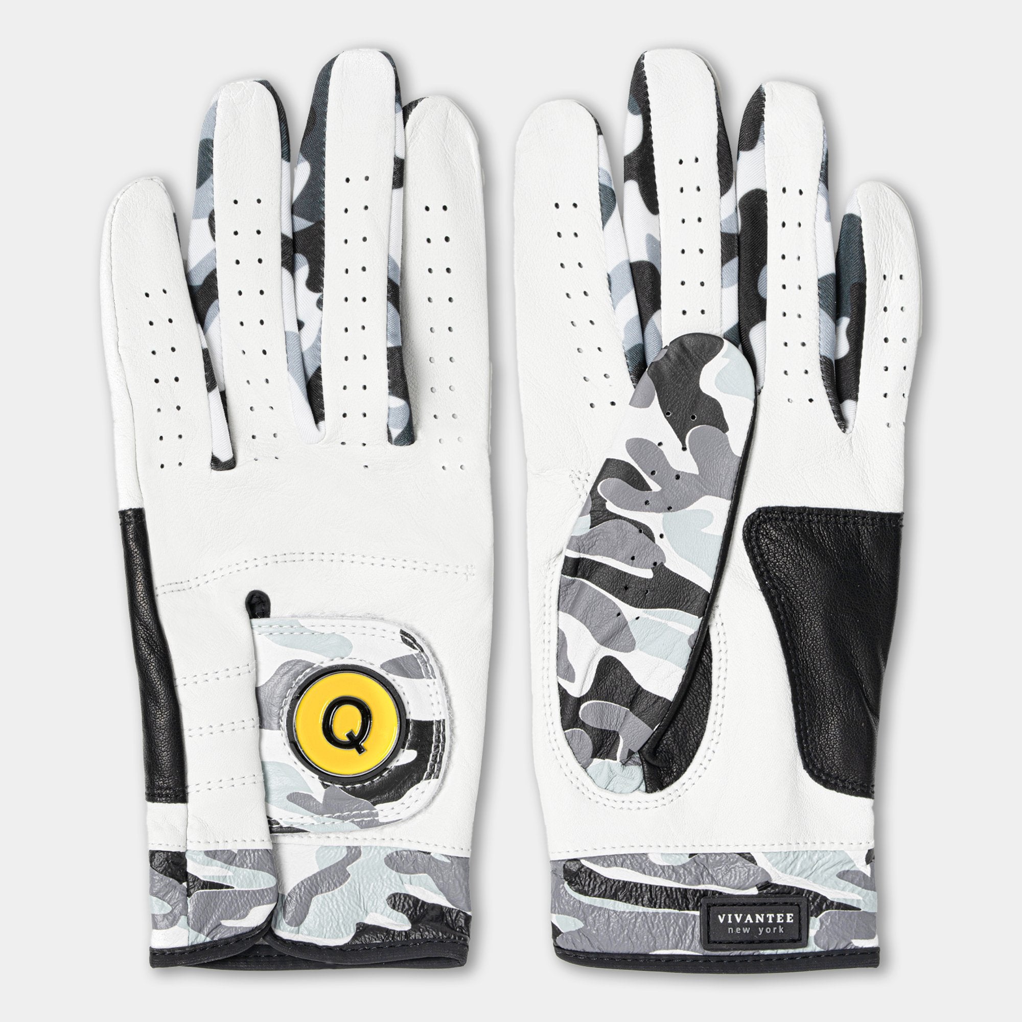 Pair of men's ghost camo golf glove with a red magnetic ball marker laid down showing the camo design on front and back of the golf glove.