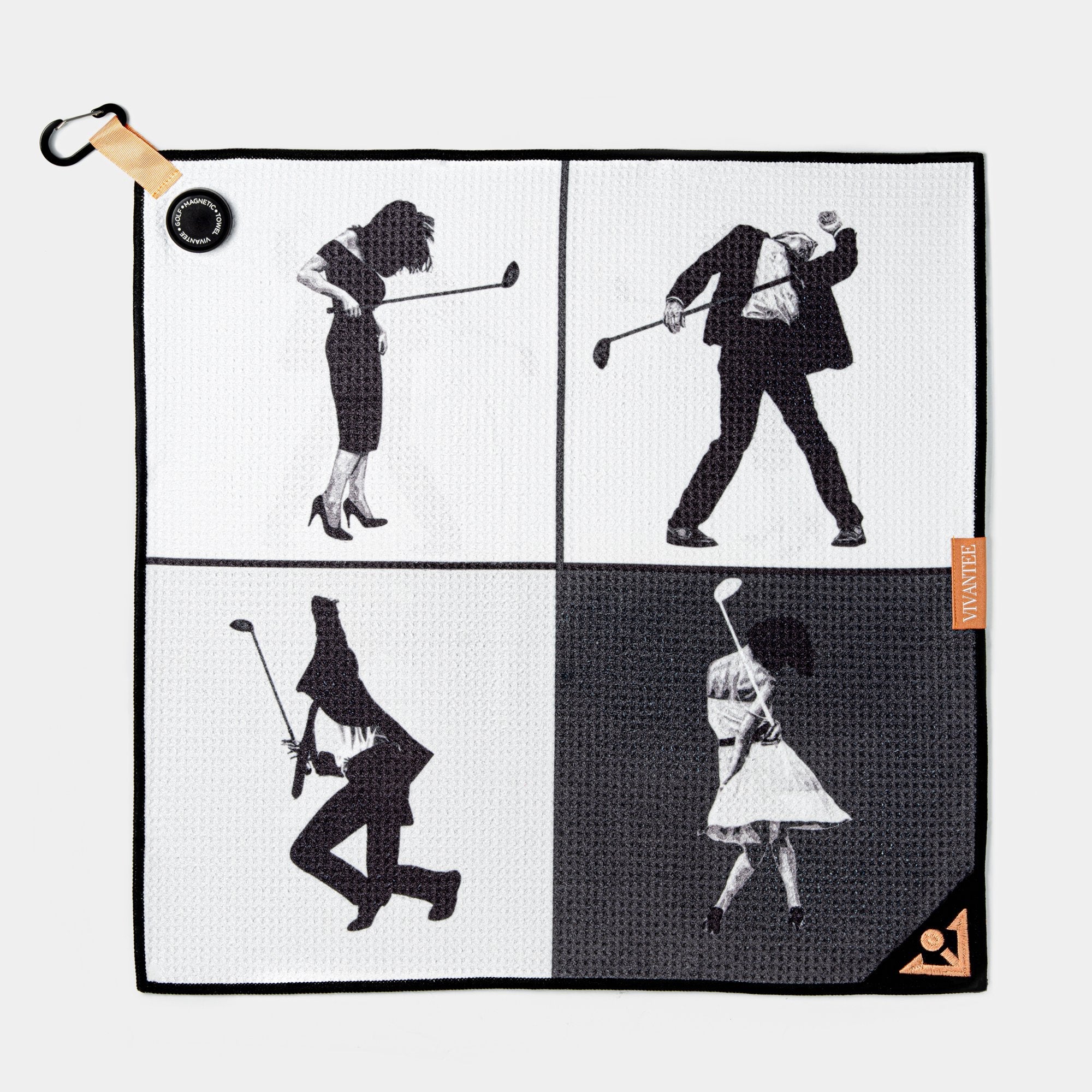 Black and white patterned magnetic golf towel with silhouettes of people playing golf.