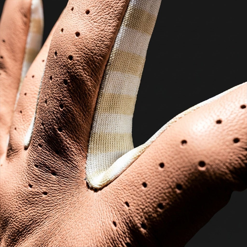 Close-up of a beige golf glove with lycra between the fingers.