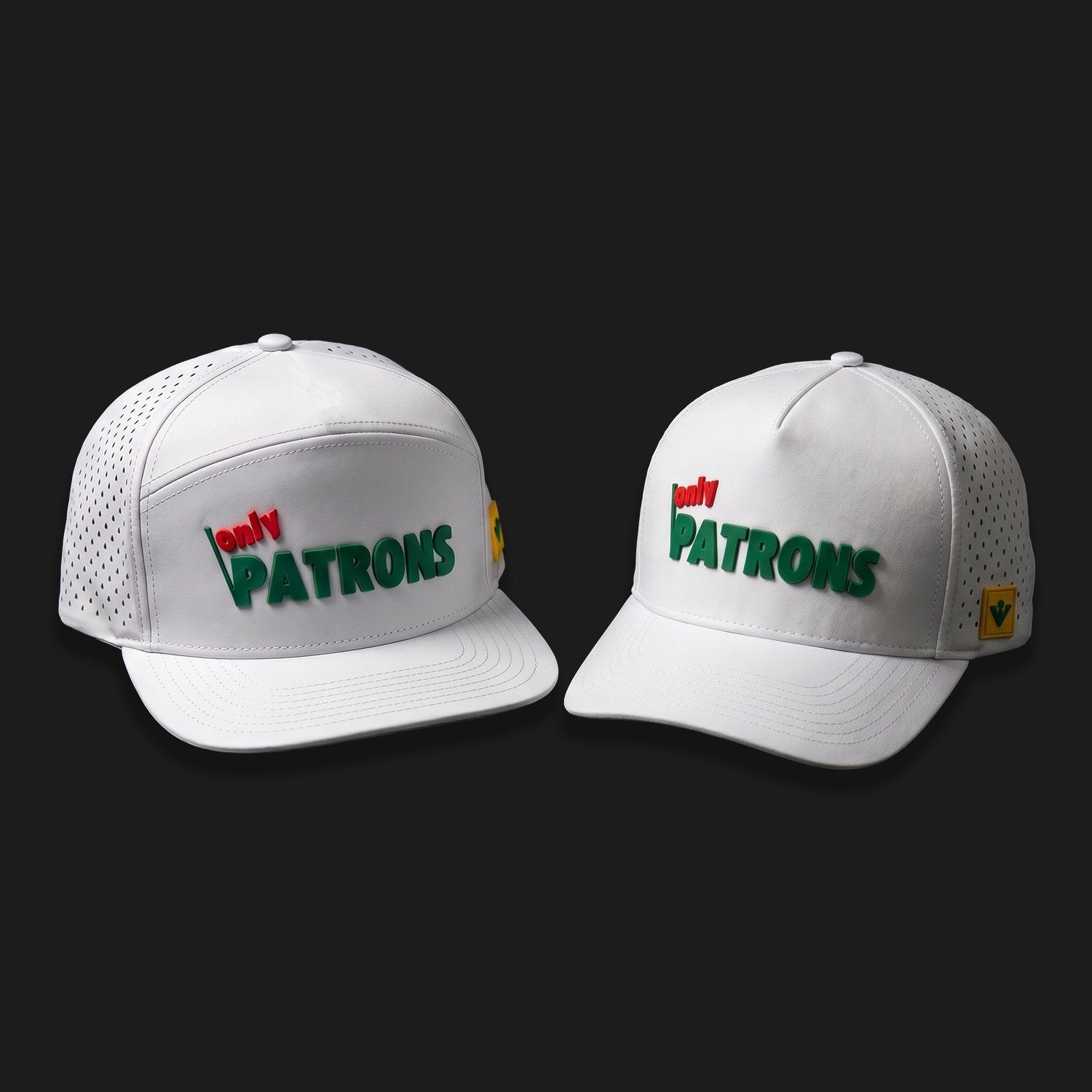 Two white baseball caps with 'only PATRONS' text on a black background