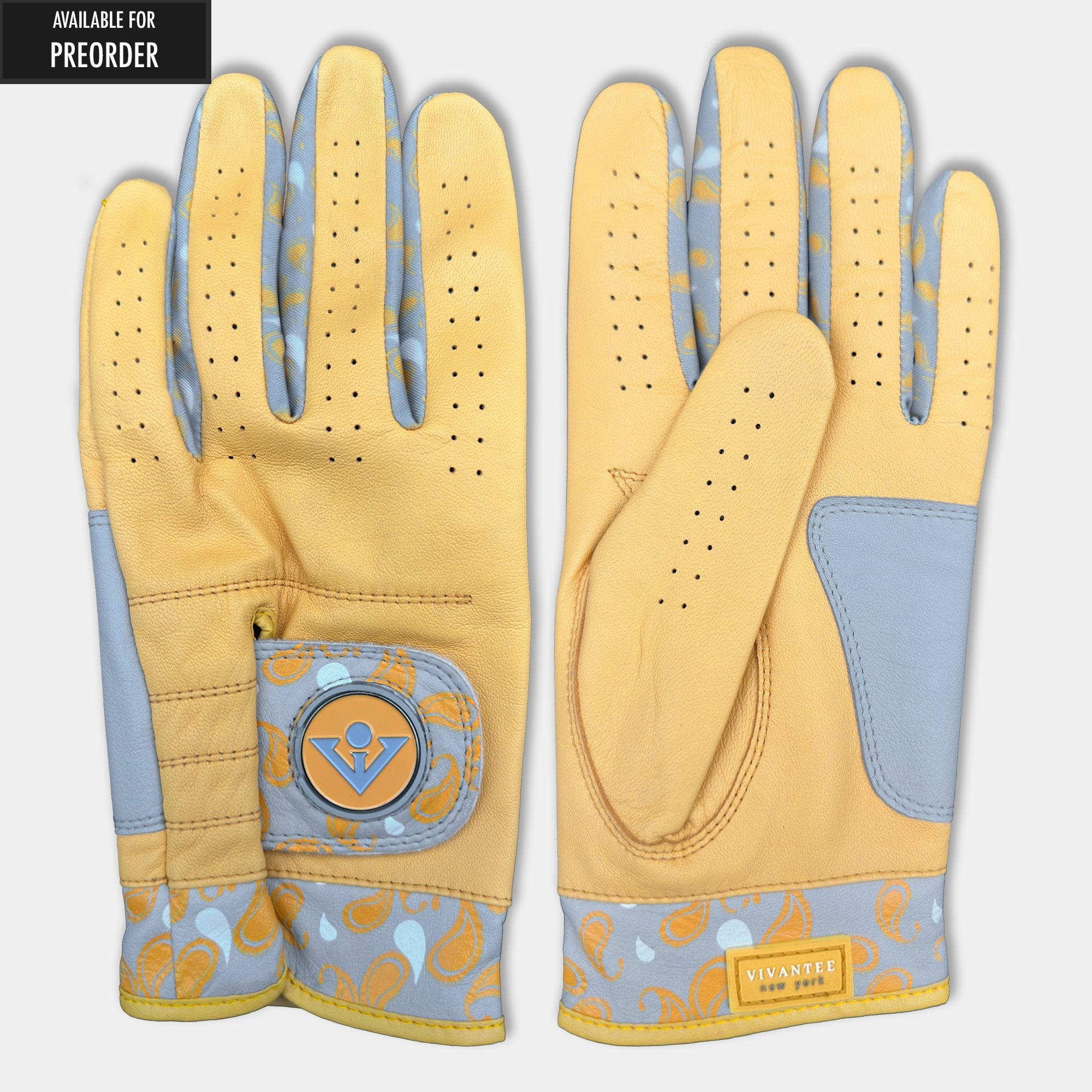 Gold golf gloves with paisley pattern and a magnetic ball marker by VivanTee Golf - "Preorder" Tag in the upper left corner.