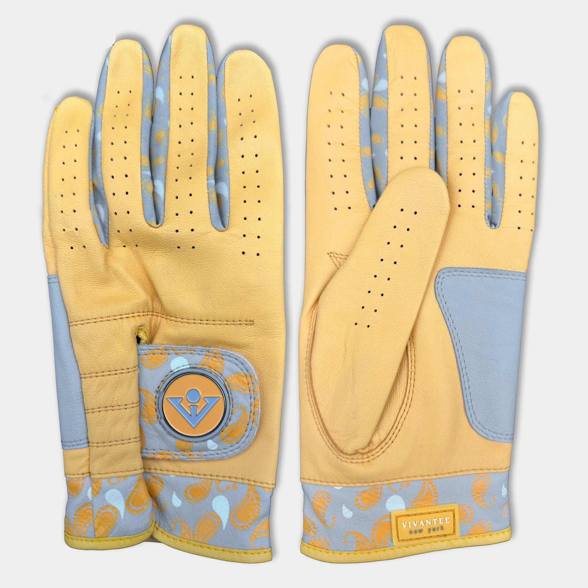 Gold golf gloves with paisley pattern and a magnetic ball marker by VivanTee Golf.