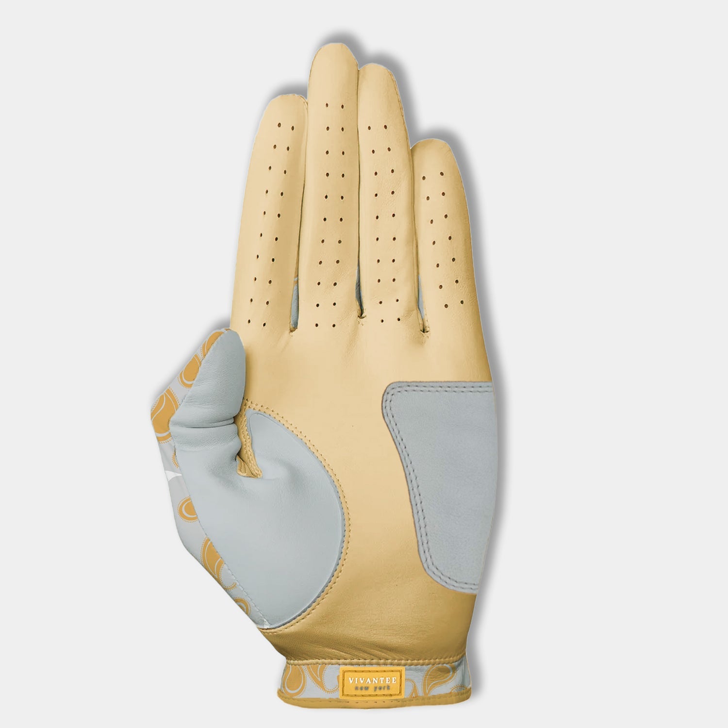 Beige and gray golf glove on a light gray background