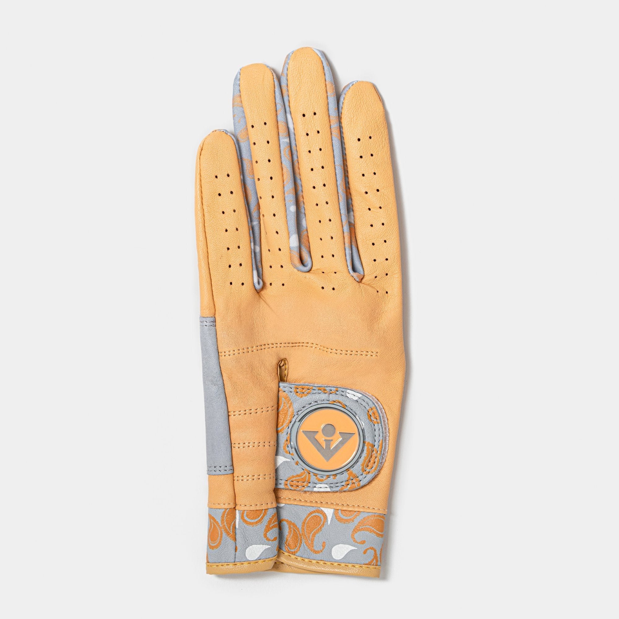 Womens gold and grey golf glove with paisley pattern on a white background.