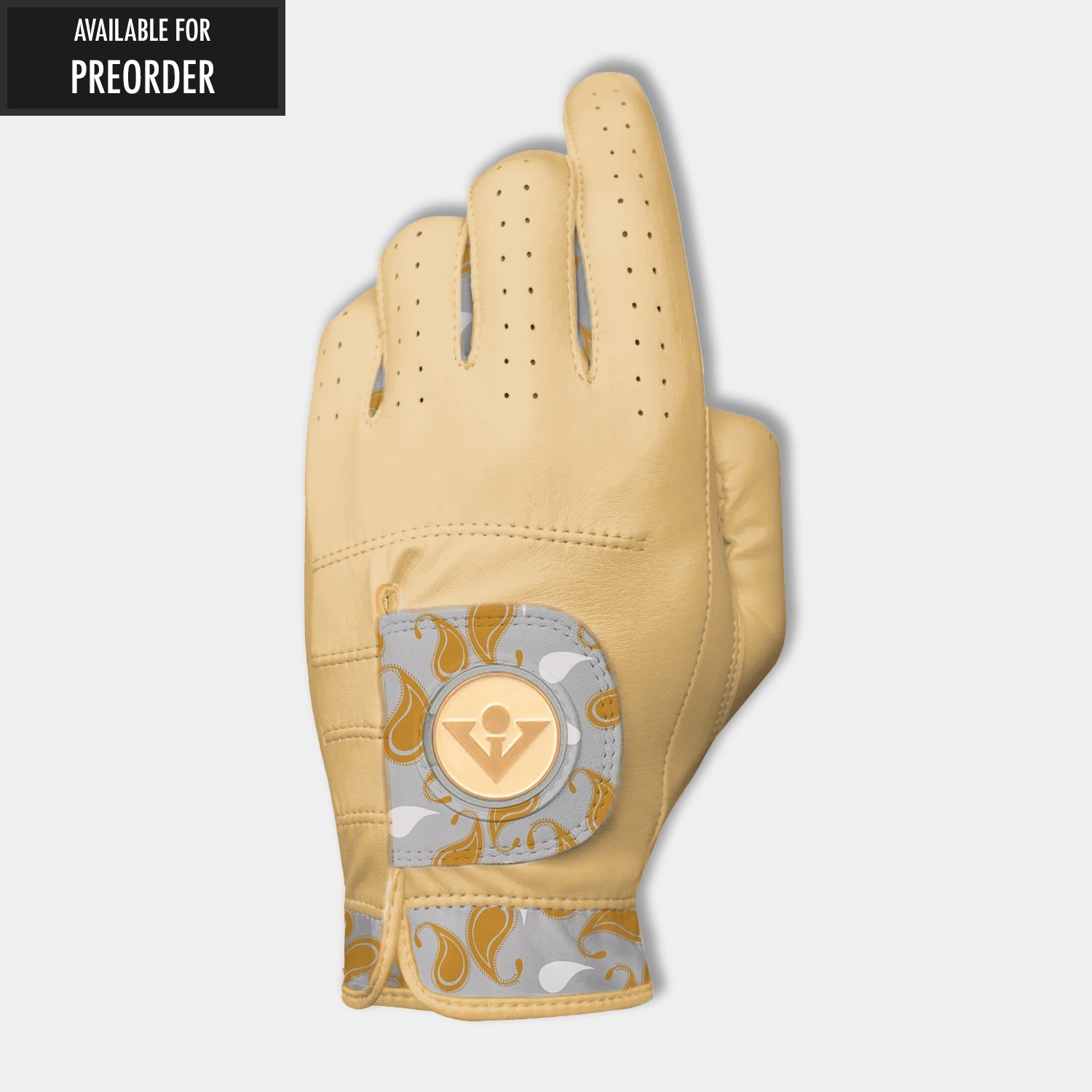 Beige golf glove with a paisley pattern and a magnetic ball marker by VivanTee Golf, "Available for preorder" tag in top left of image.