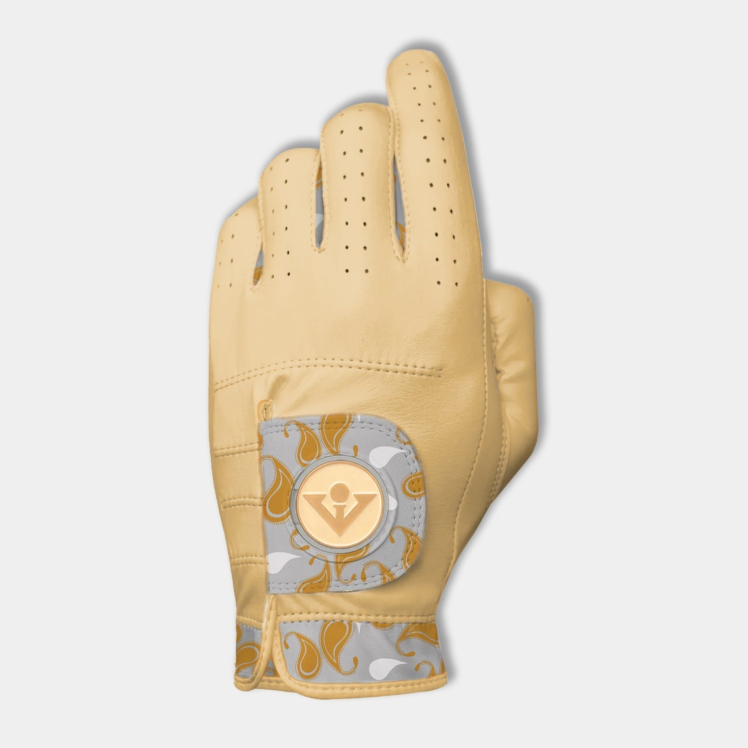 Gold golf glove with a paisley pattern and a magnetic ball marker by VivanTee Golf.