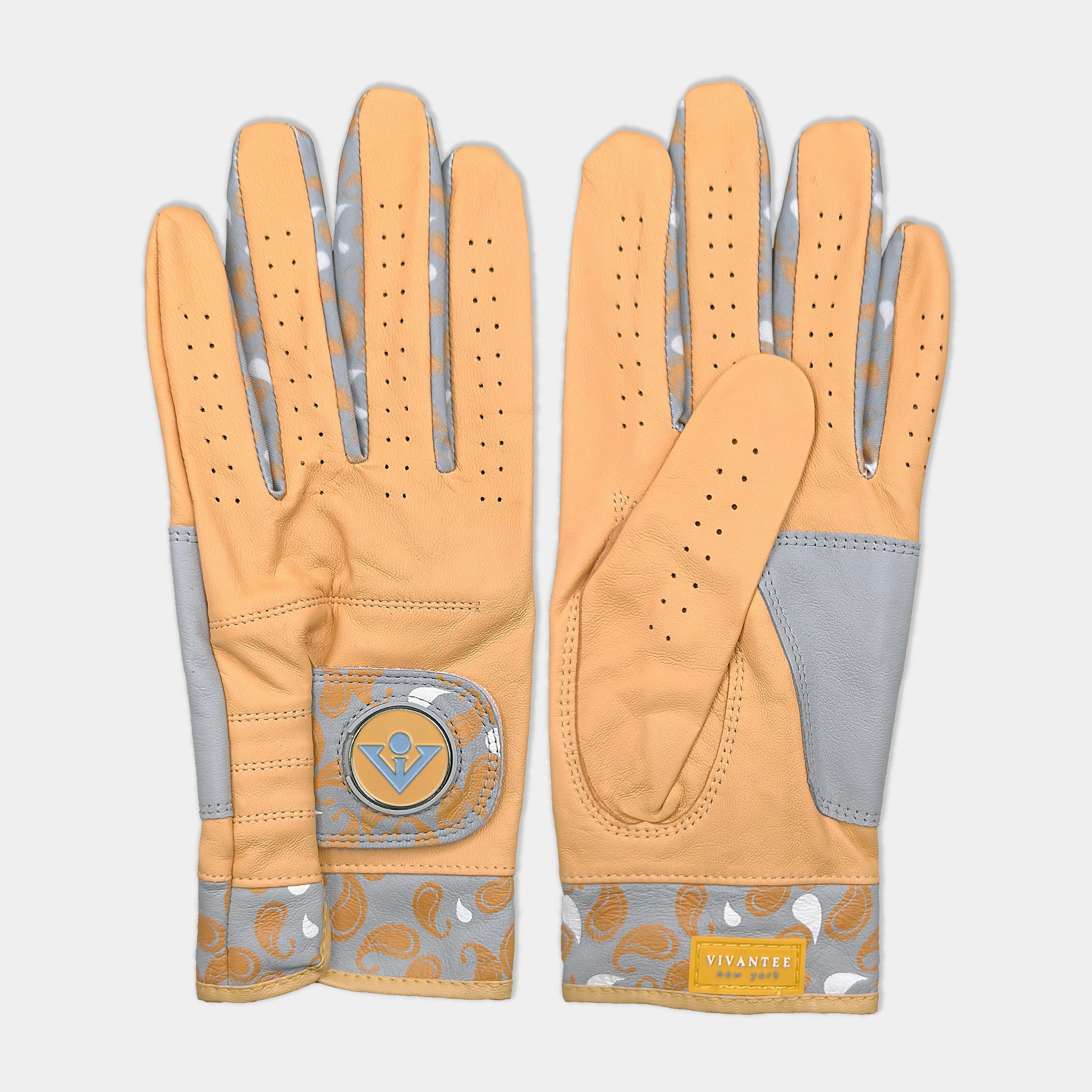 Men's premium gold golf gloves with paisley pattern and magnetic ball marker by VivanTee Golf.
