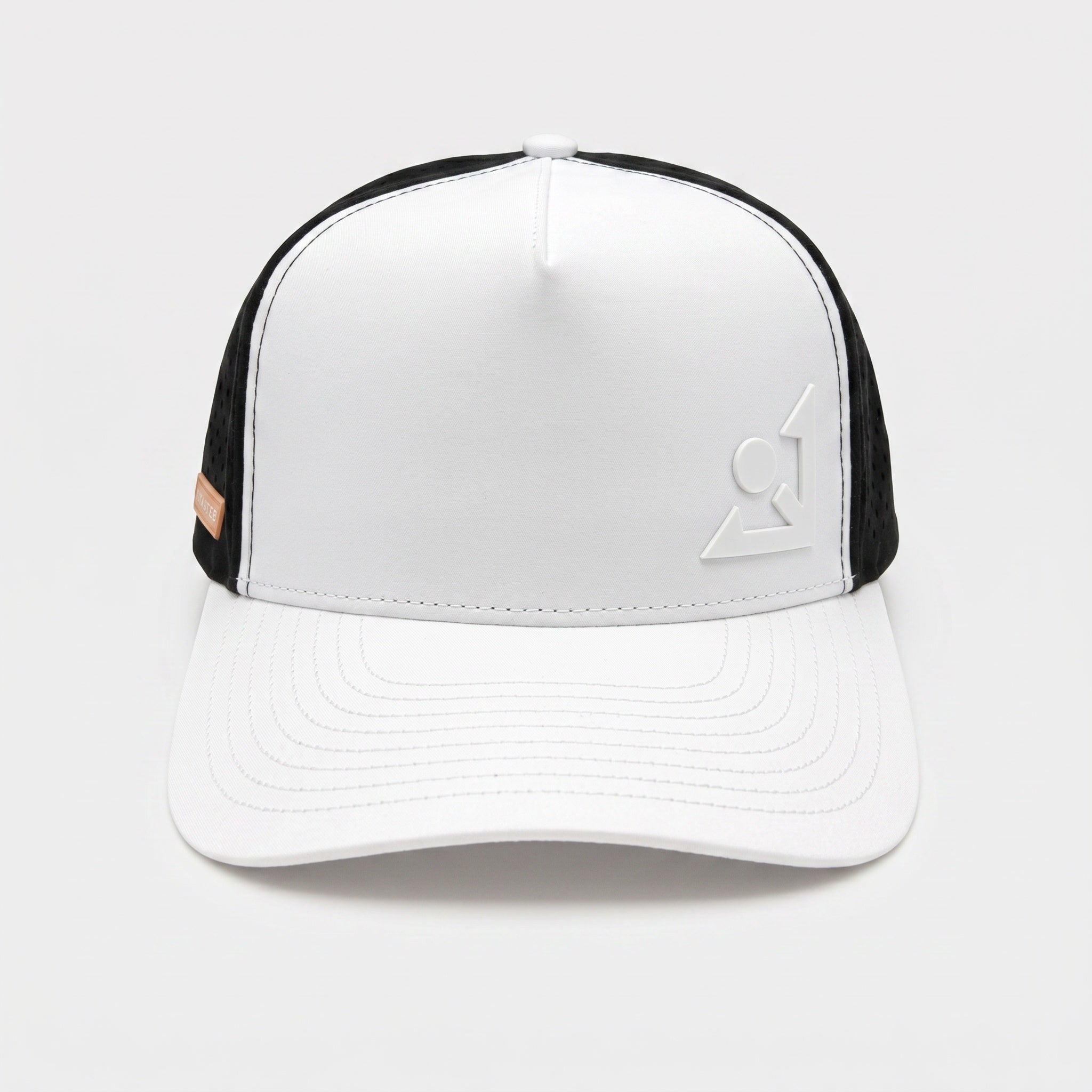 White and black performance golf hat with a VivanTee logo on a light gray background