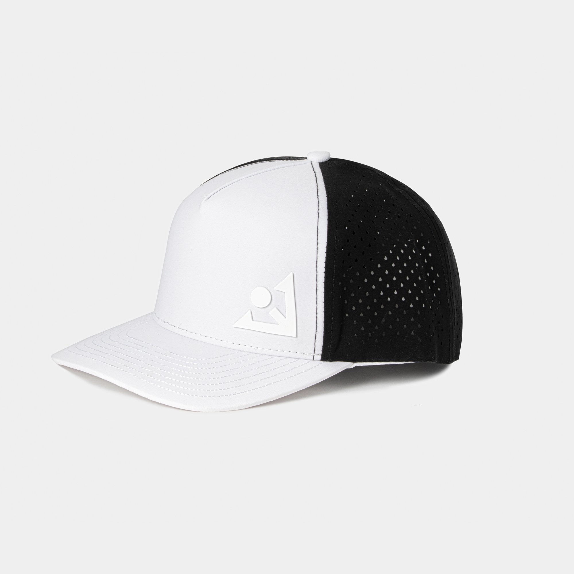 Modern golf cap with a structured white front, perforated black mesh sides, and an adjustable snap closure. The front displays a minimalist logo design embossed in white.