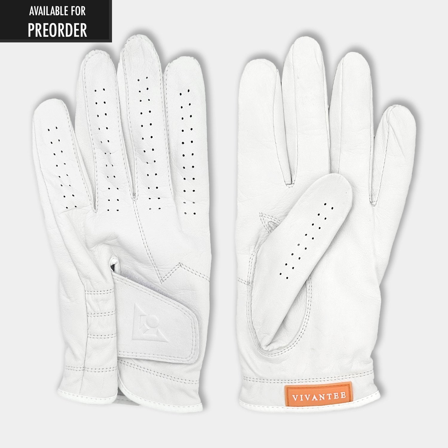 Pair of white golf gloves with 'VivanTee' branding on a light gray background, "available for Preorder" in top left corner.