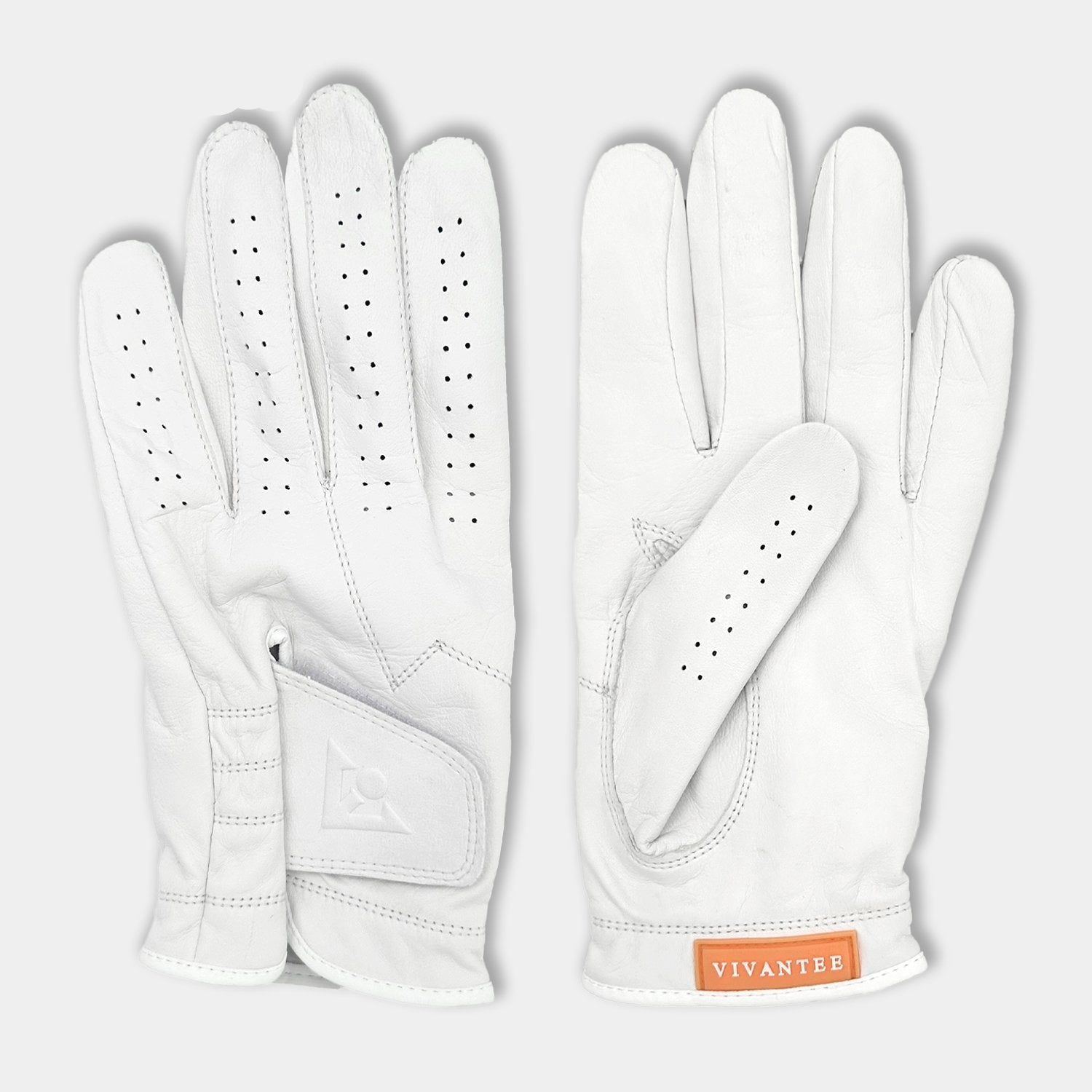 Pair of white golf gloves with 'VivanTee' branding on a light gray background.