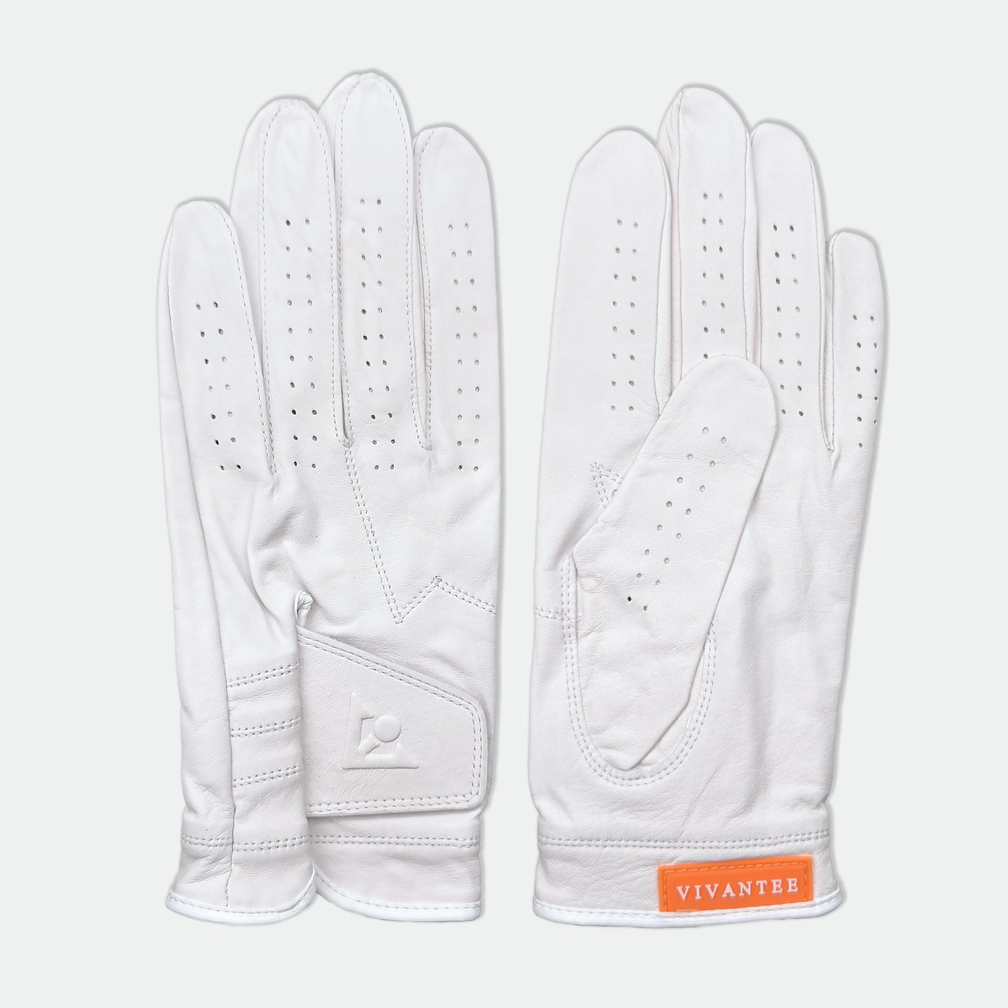 Pair of white golf gloves with 'VivanTee' branding on a light gray background.