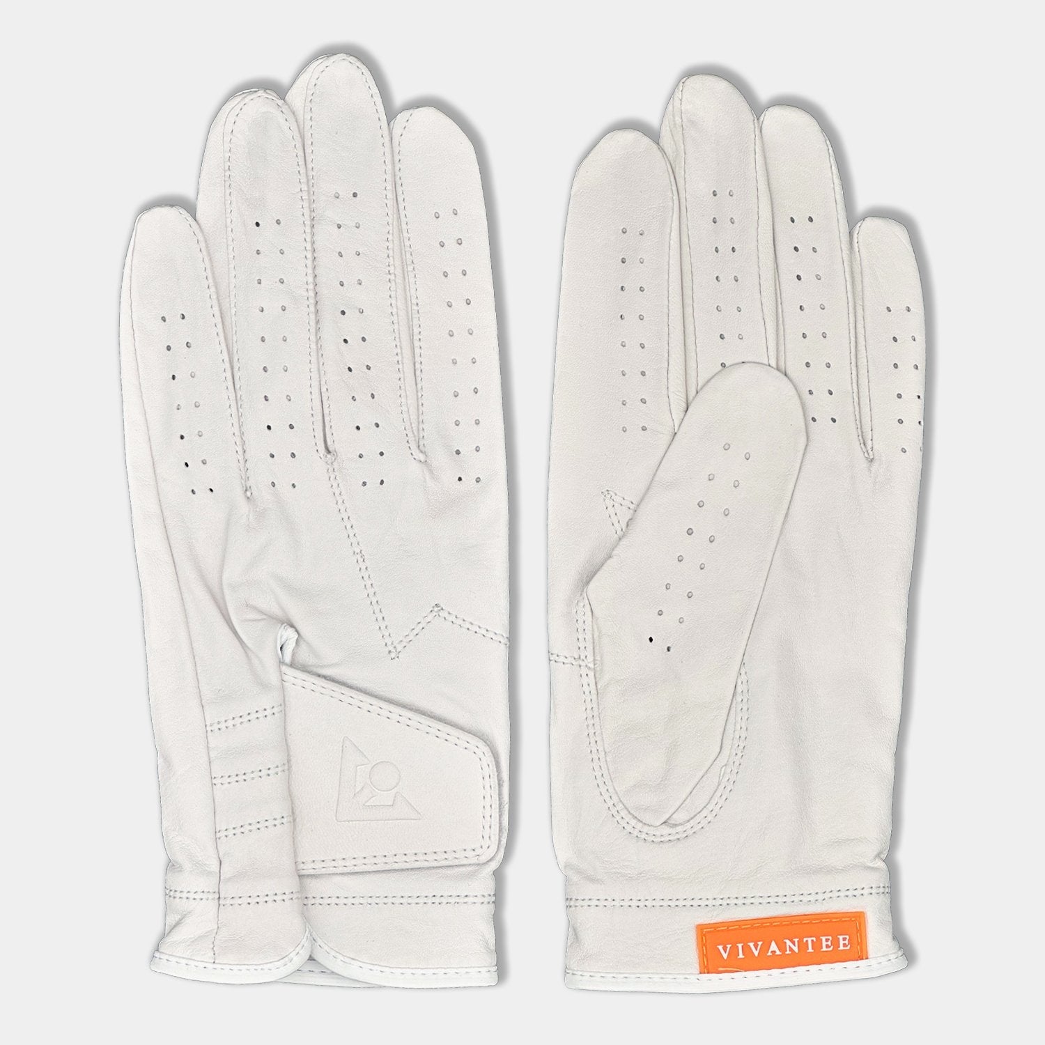 Pair of white golf gloves with 'VivanTee' branding on a light gray background.