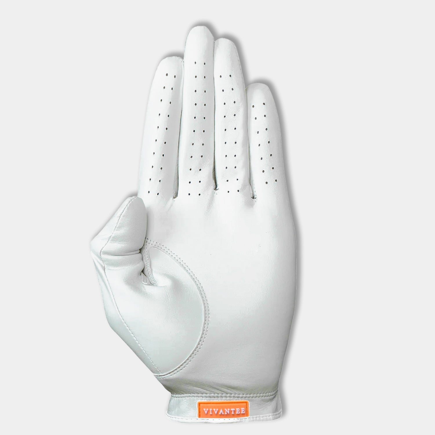 White golf glove on a light gray background with VivanTee branding.