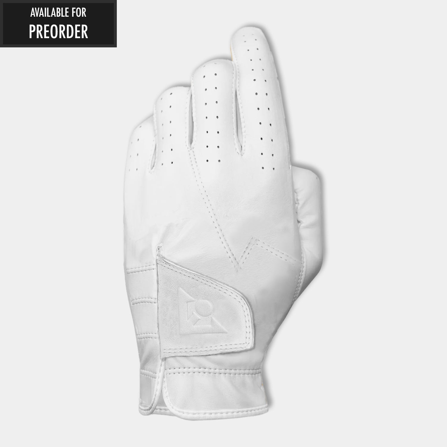 White golf glove on a light gray background with "Available for preorder" in upper left corner of image.