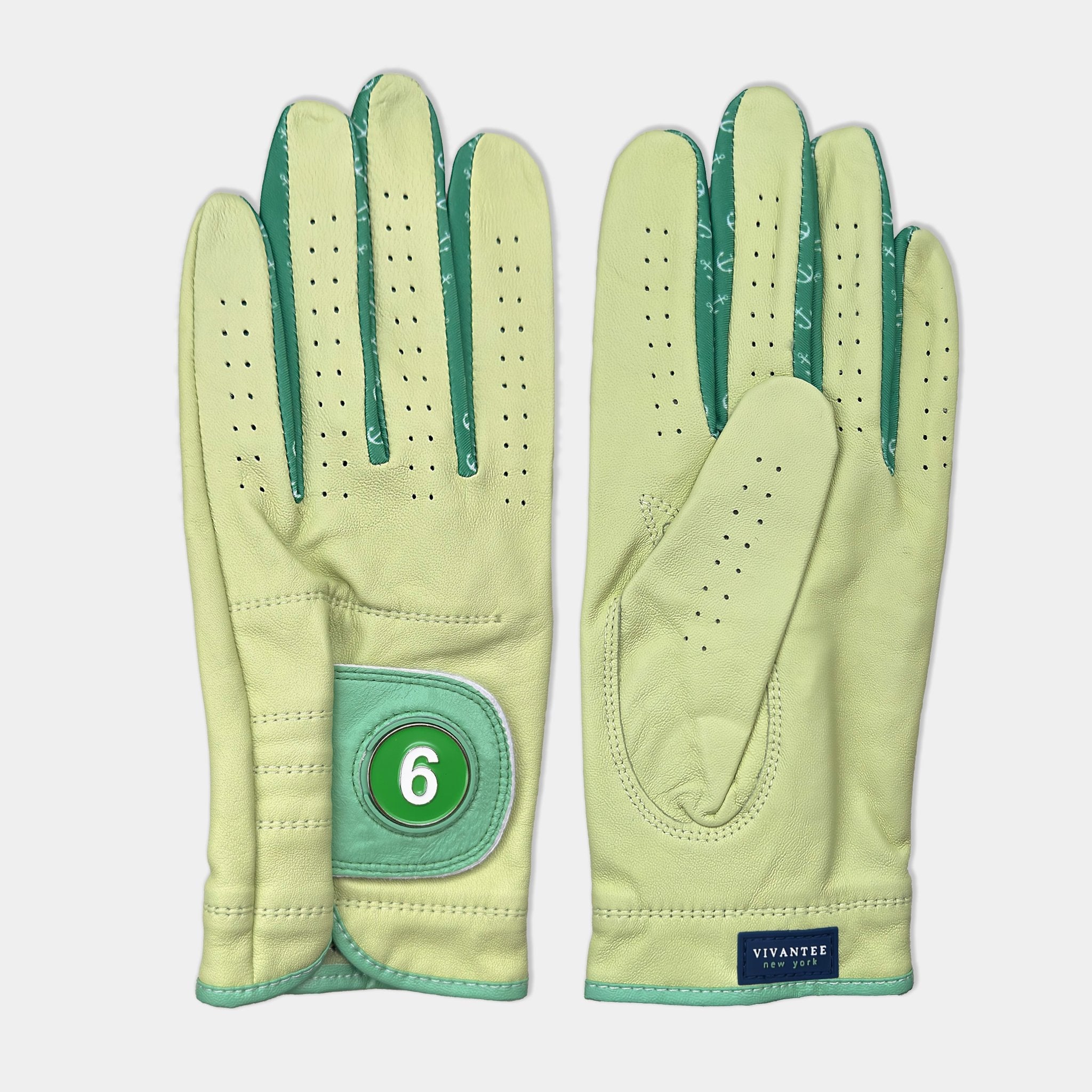 Pair of men's green golf gloves with magnetic ball marker showing "6" and lycra green with anchors by VivanTee Golf.