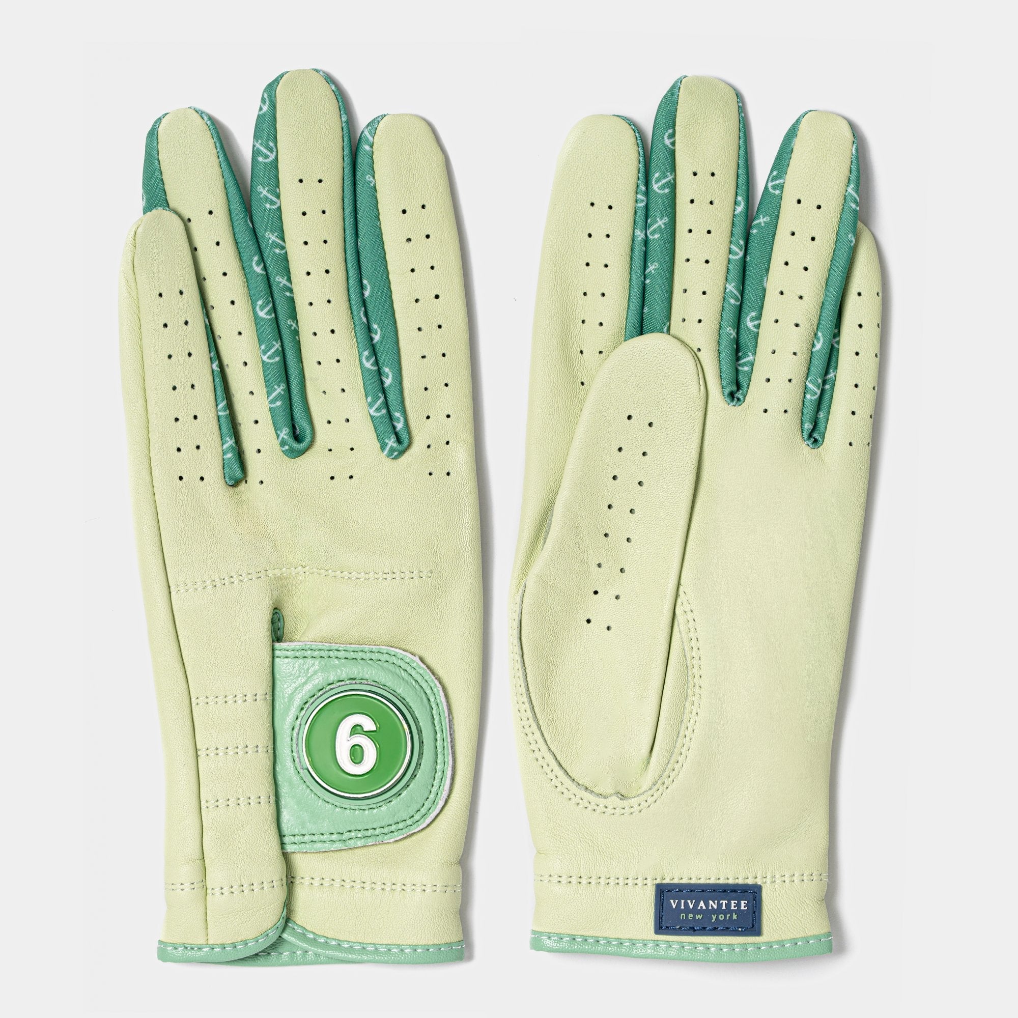 Pair of men's green golf gloves with magnetic ball marker showing "6" and lycra green with anchors by VivanTee Golf.