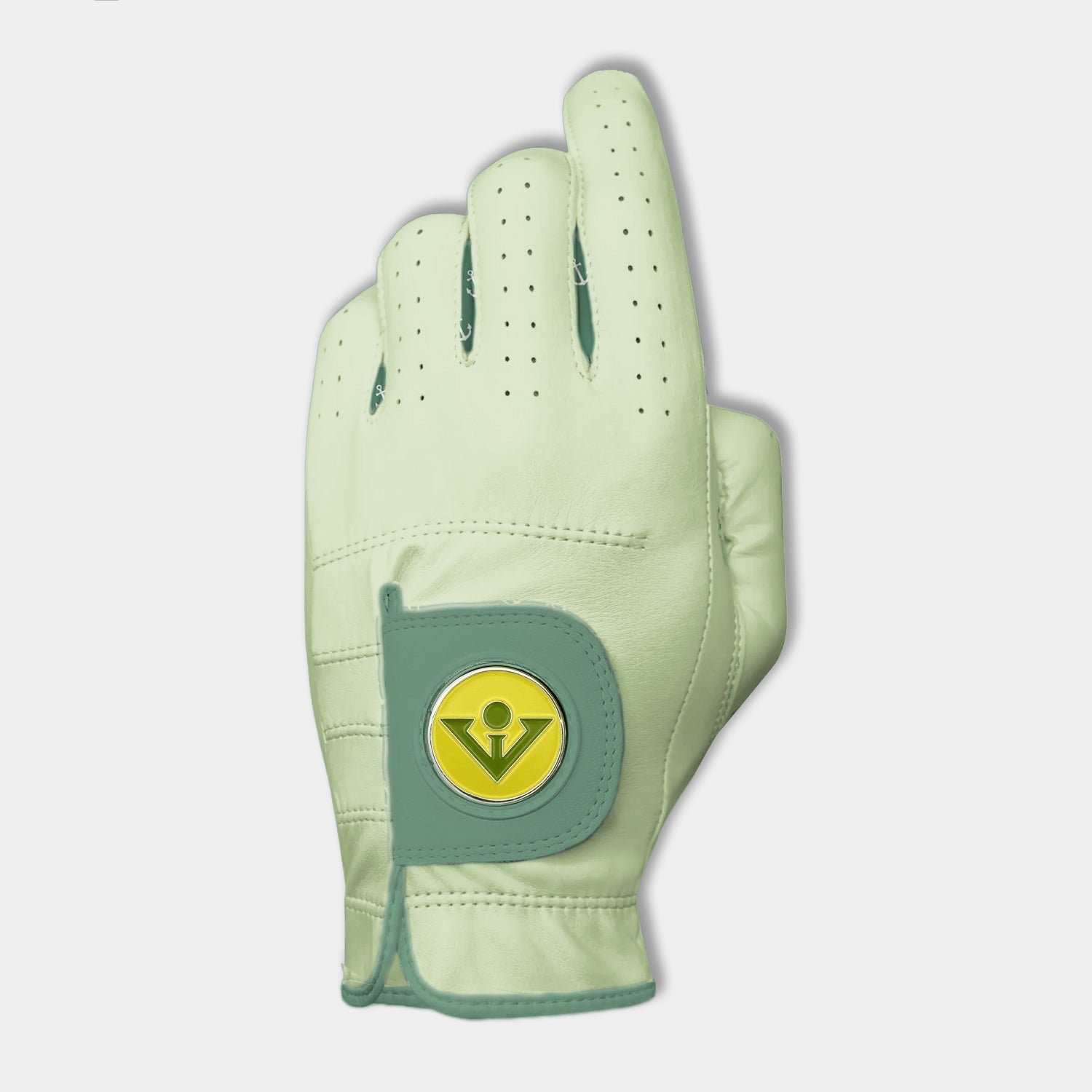 Light green golf glove with a VivanTee ball marker on a white background.