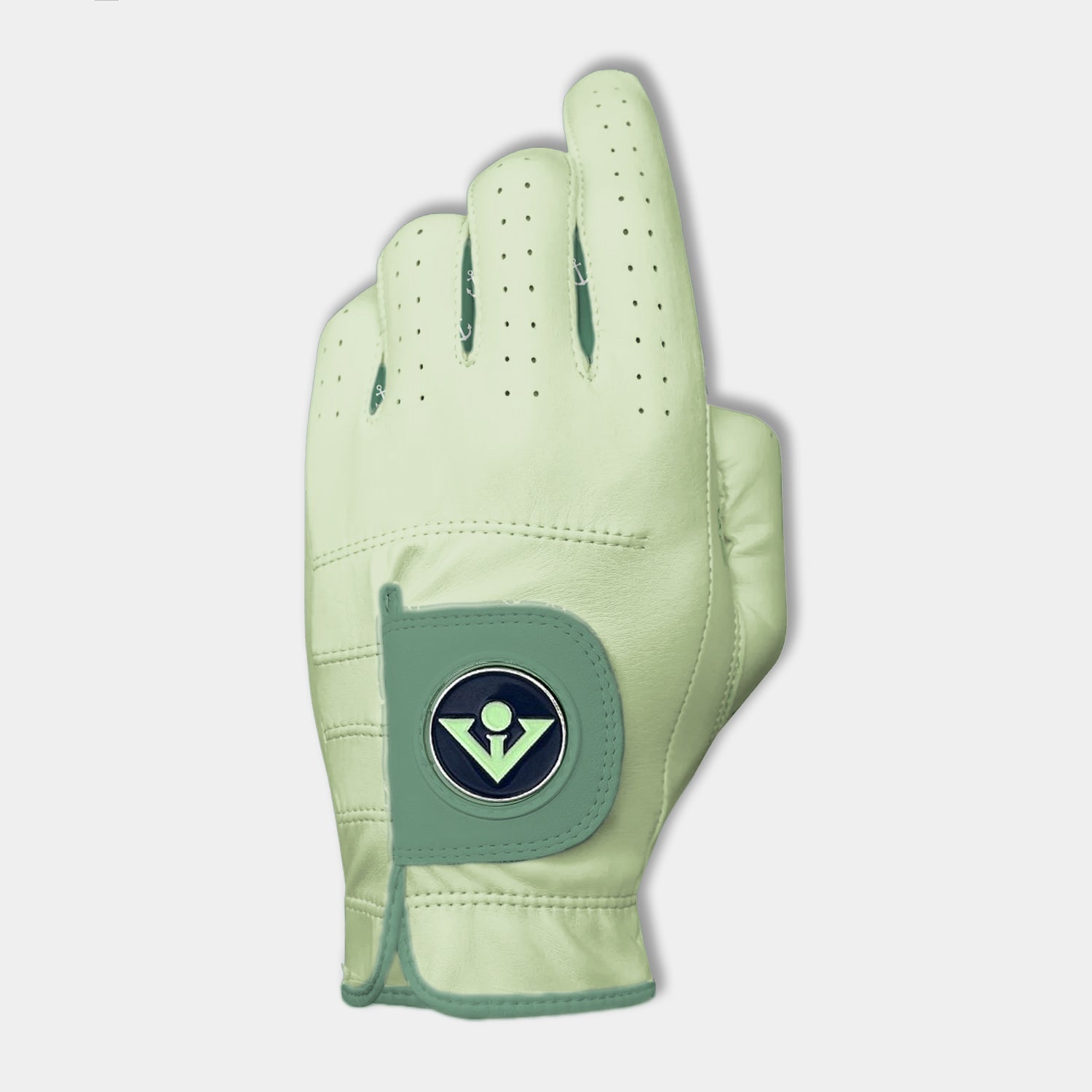Light green golf glove with a VivanTee ball marker on a white background.