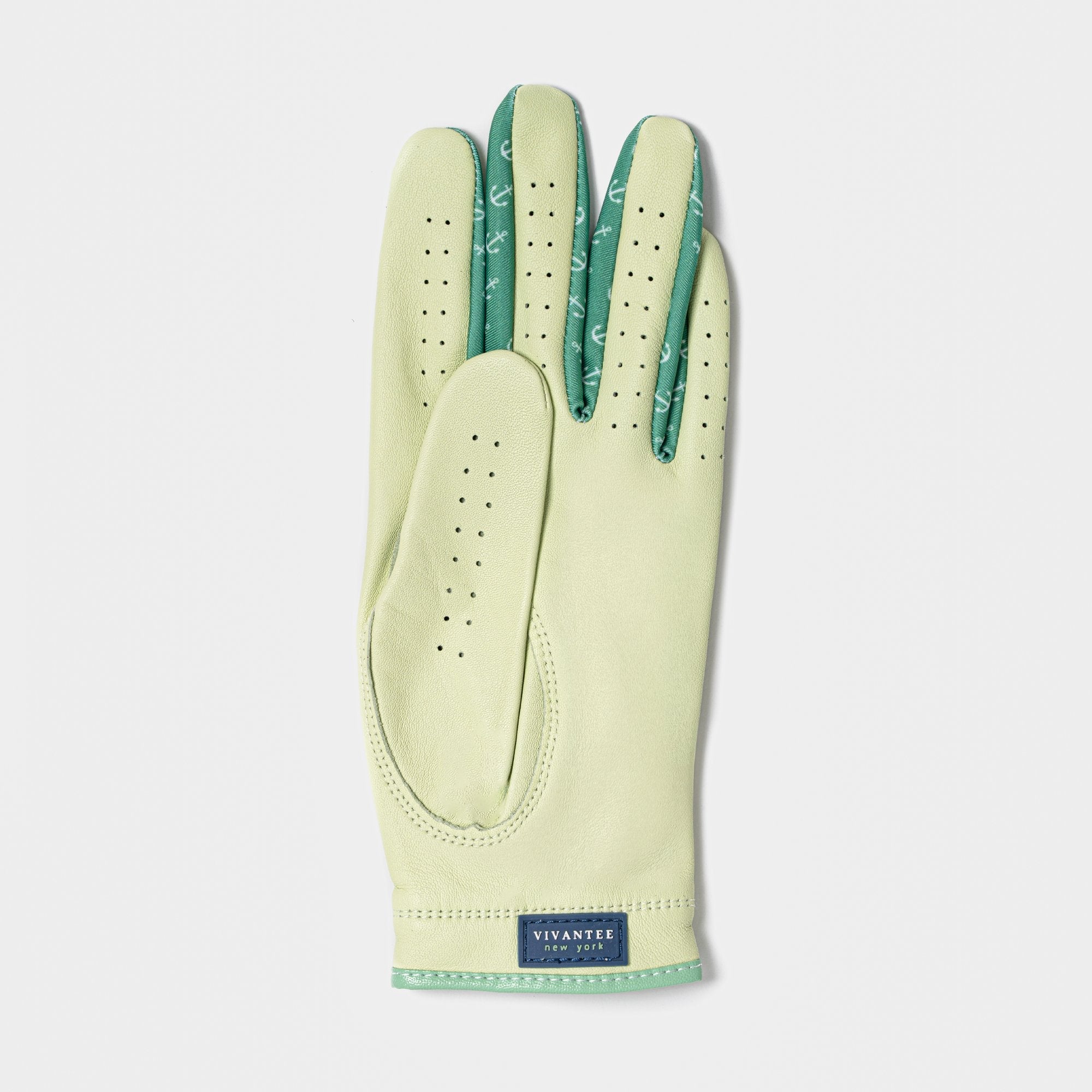 Light green glove with dark green pattern on a white background